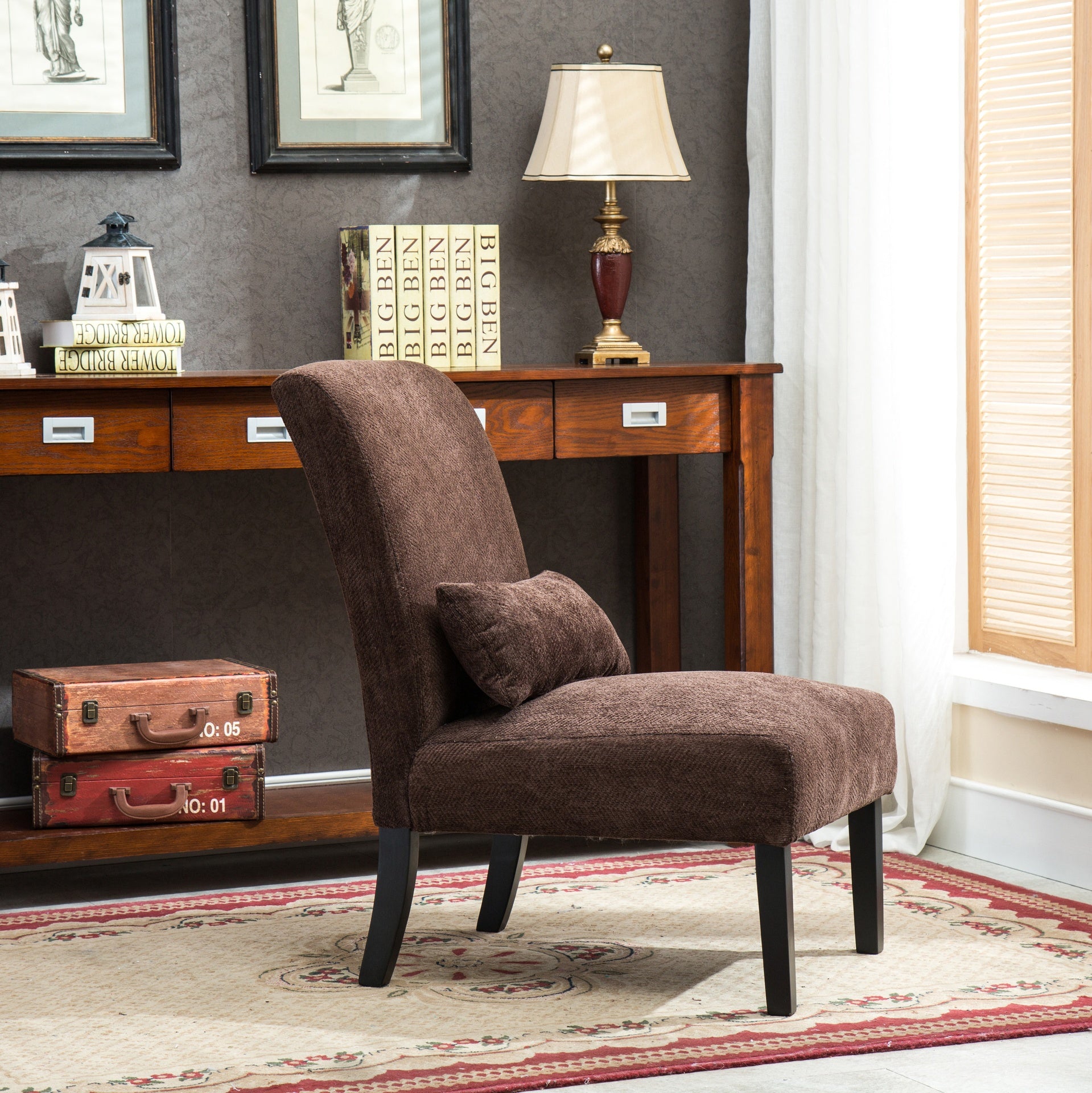 Pisano Contemporary Chenille Fabric Armless Accent Chair with Pillow, Chocolate