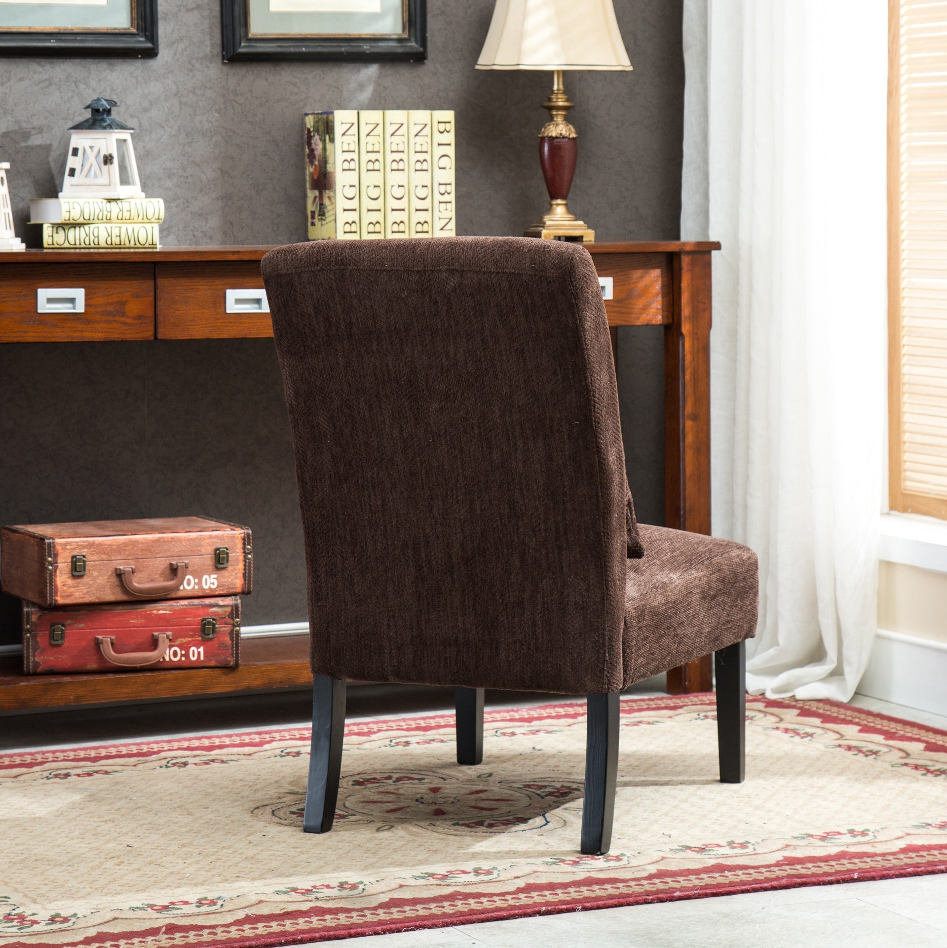 Pisano Contemporary Chenille Fabric Armless Accent Chair with Pillow, Chocolate
