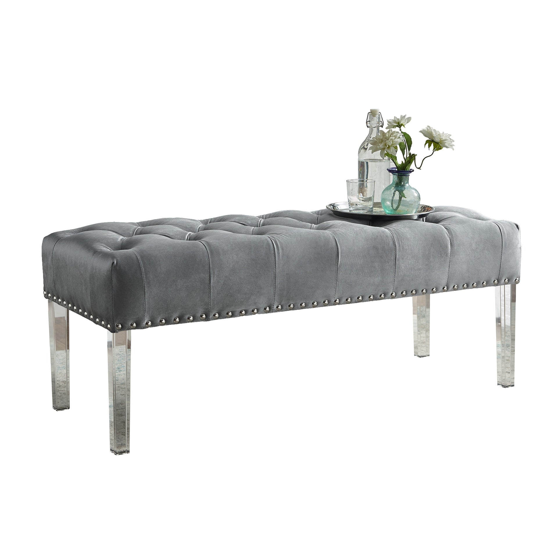 Valley Button Tufted Velvet Upholstered Bench with Acrylic Leg, Gray