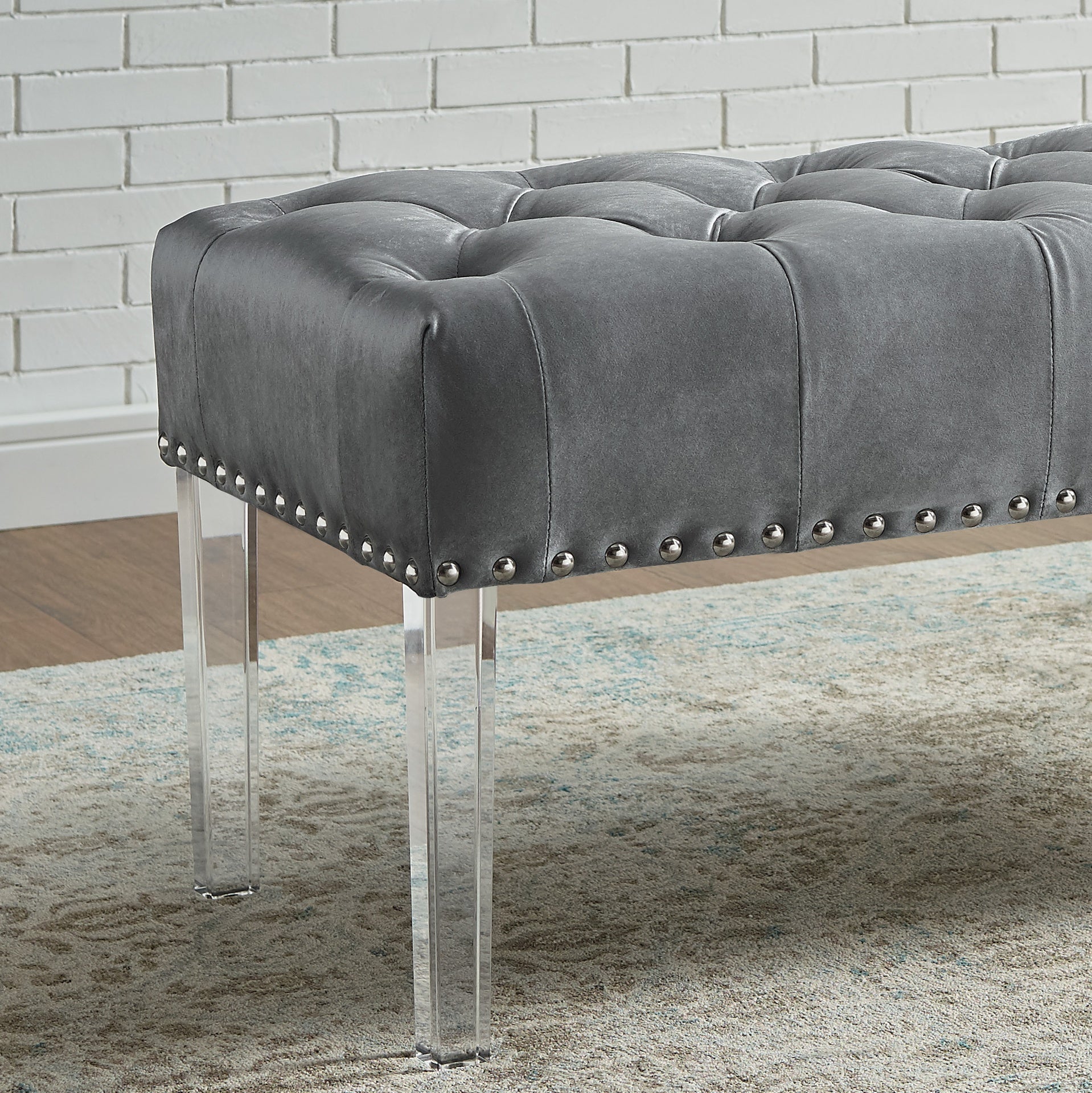 Valley Button Tufted Velvet Upholstered Bench with Acrylic Leg, Gray