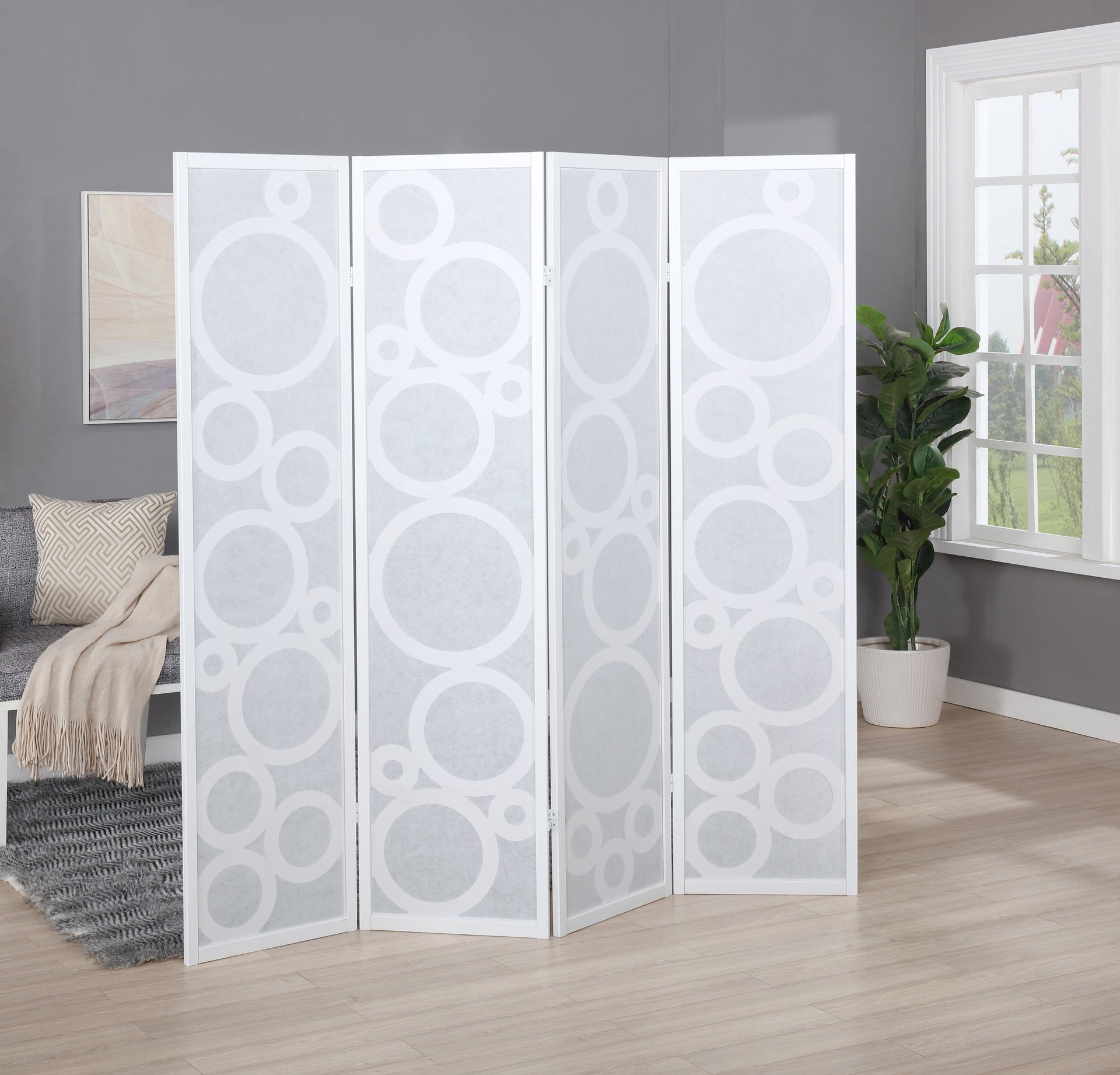 Arvada 4-Panel Wood Room Divider with Circle Pattern, White