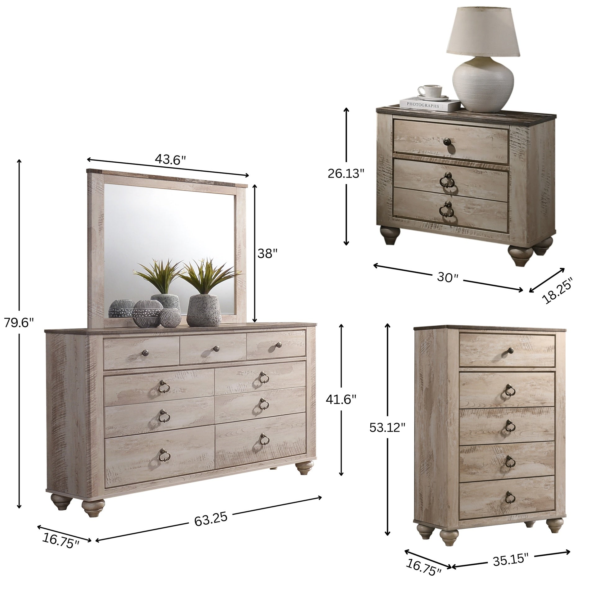 Imerland Contemporary White Wash Finish Bedroom 6-piece Set, King Bed, Dresser, Mirror, 2 Nightstands, Chest