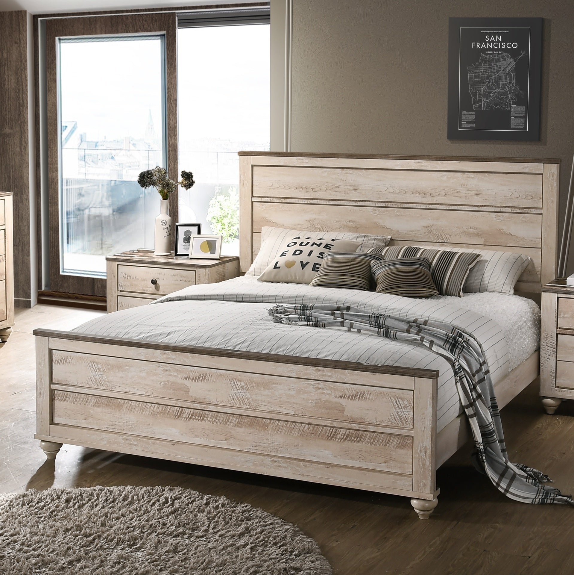 Imerland Contemporary White Wash Finish 3-Piece Bedroom Set-King Bed and Two Nightstands