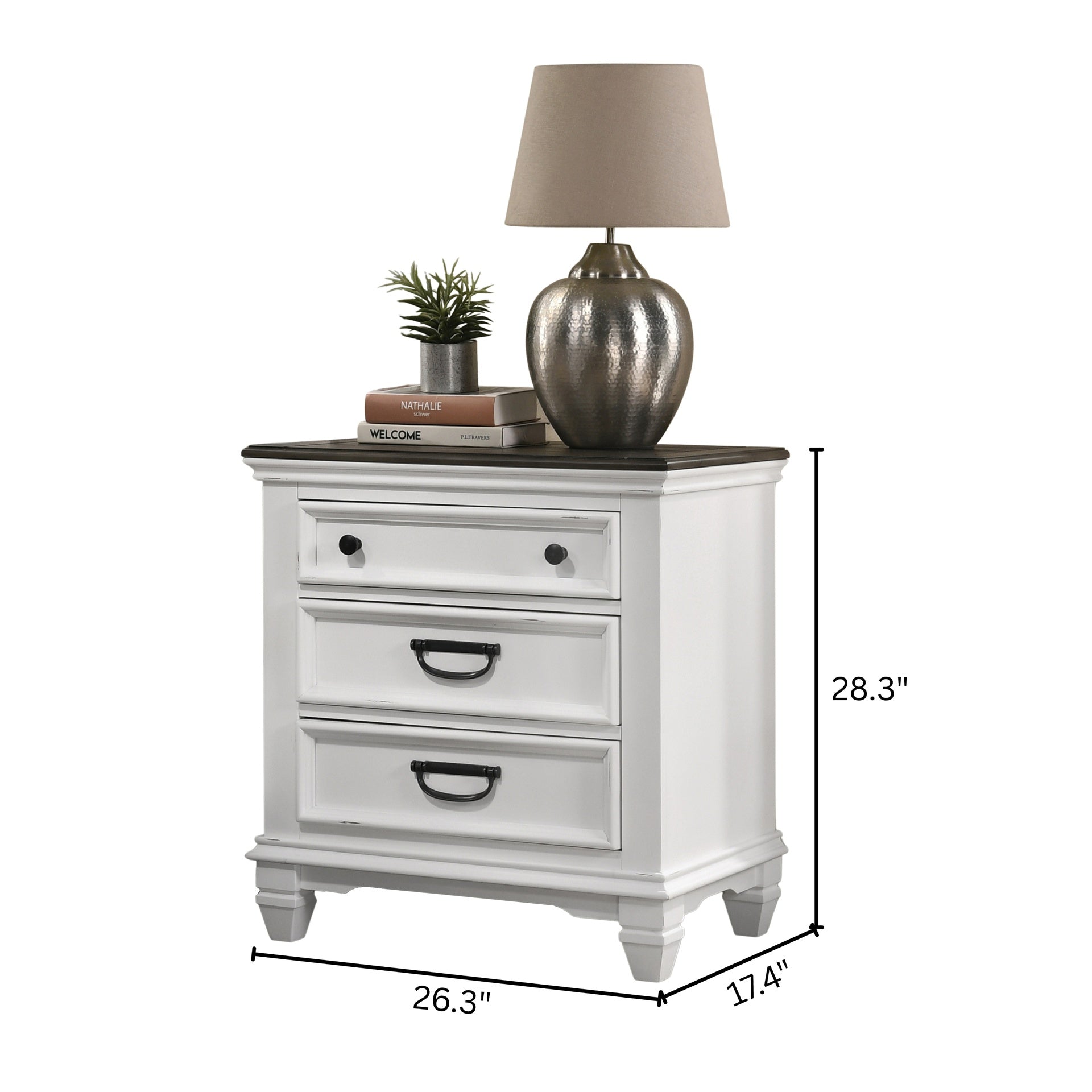 Clelane Wood 3-Drawer Nightstand, Weathered White and Gray