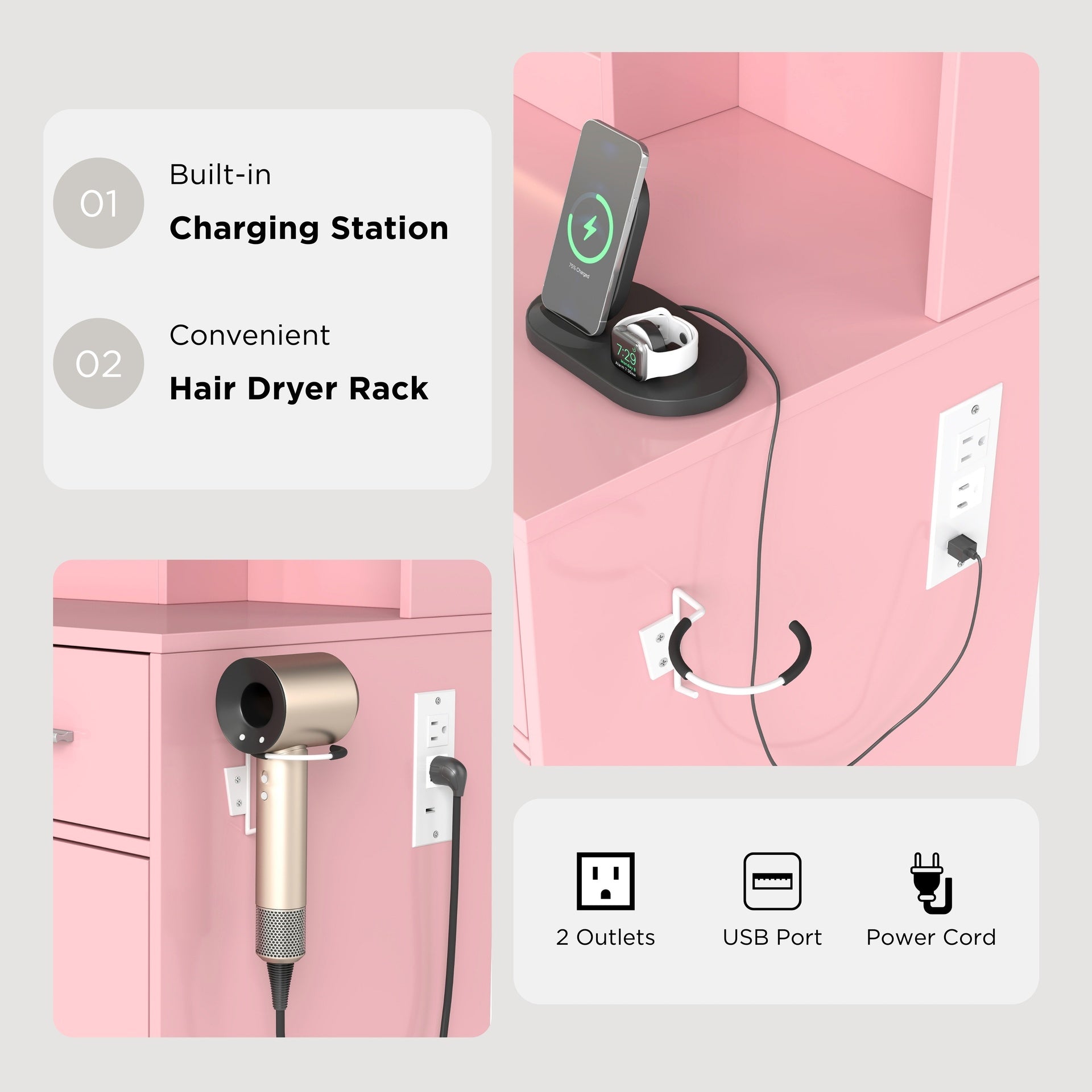Lavin Makeup Vanity Set, Vanity Desk with Stool, LED Light Mirror and Charging Station, Pink