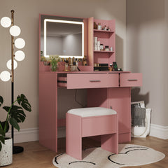 Lavin Makeup Vanity Set, Vanity Desk with Stool, LED Light Mirror and Charging Station, Pink