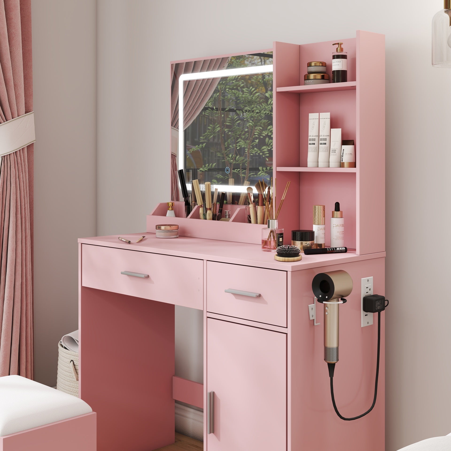 Lavin Makeup Vanity Set, Vanity Desk with Stool, LED Light Mirror and Charging Station, Pink