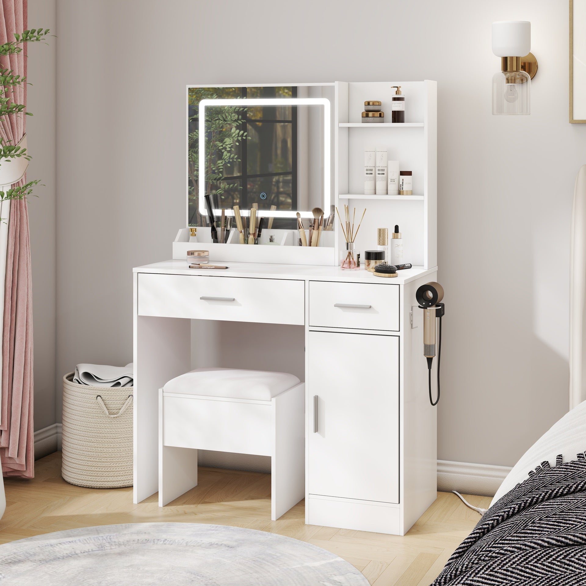 Lavin Makeup Vanity Set, Vanity Desk with Stool, LED Light Mirror and Charging Station, White