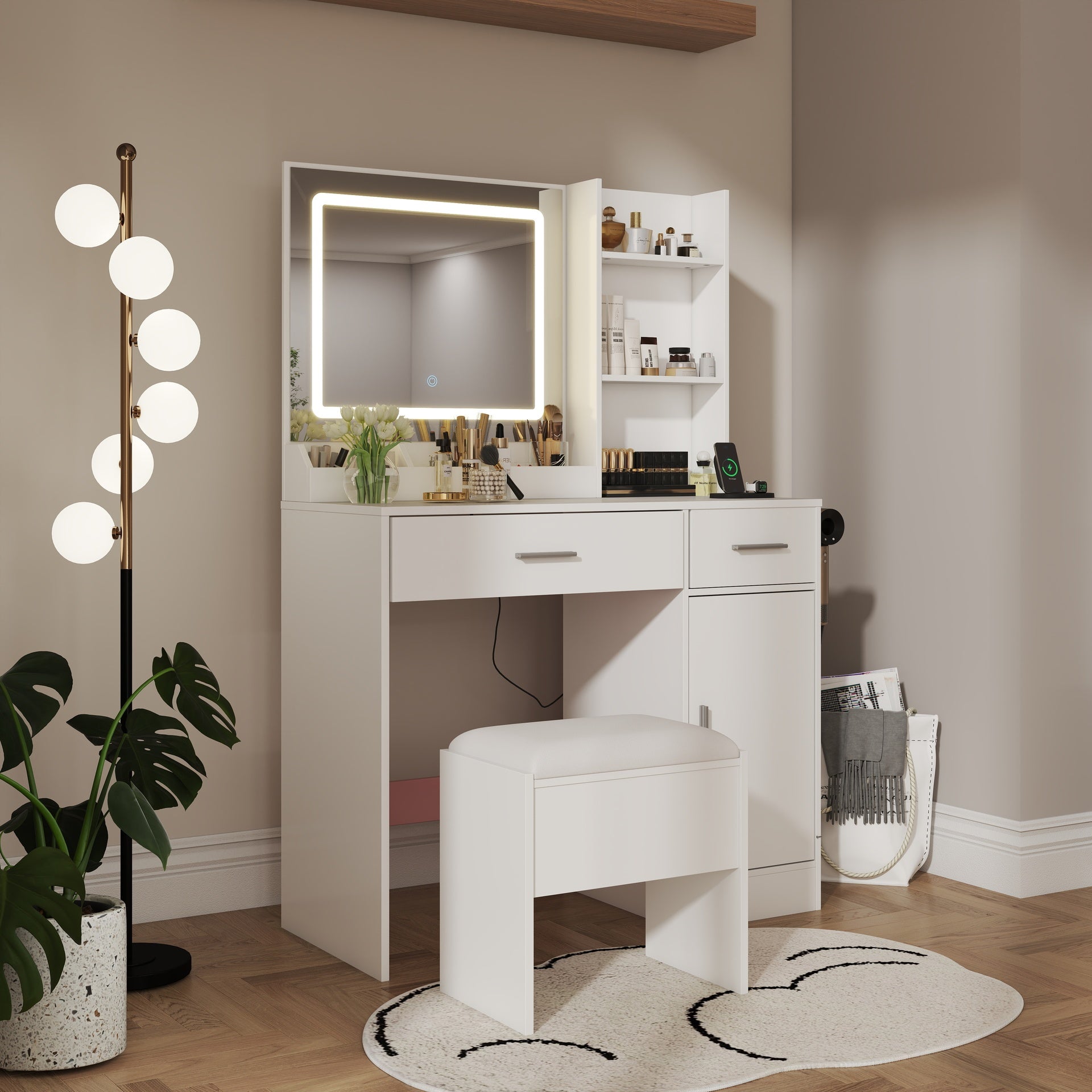 Lavin Makeup Vanity Set, Vanity Desk with Stool, LED Light Mirror and Charging Station, White