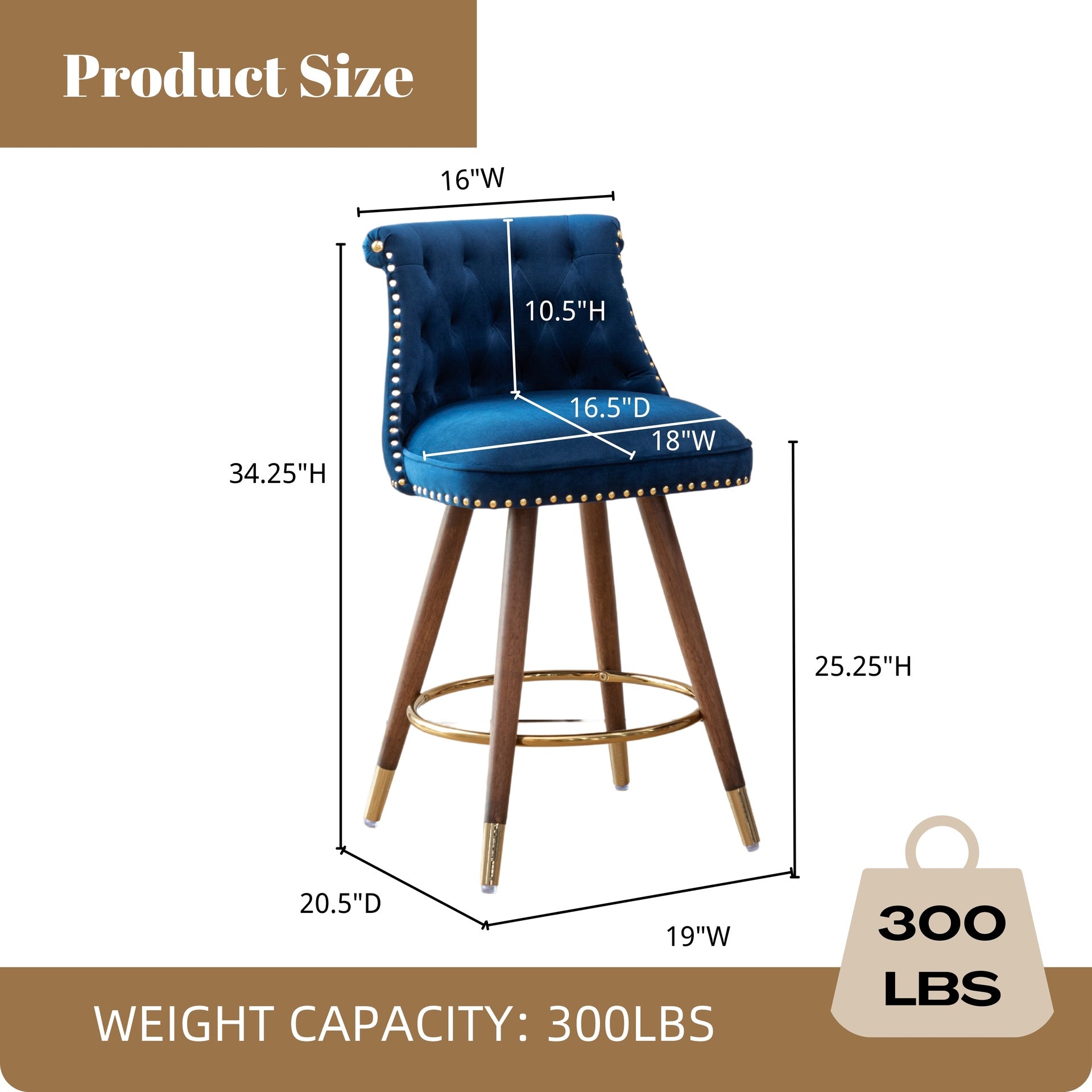 Roundhill Furniture Elvara Set of 2 Button-Tufted Counter Stools with Nailhead Trim - Blue