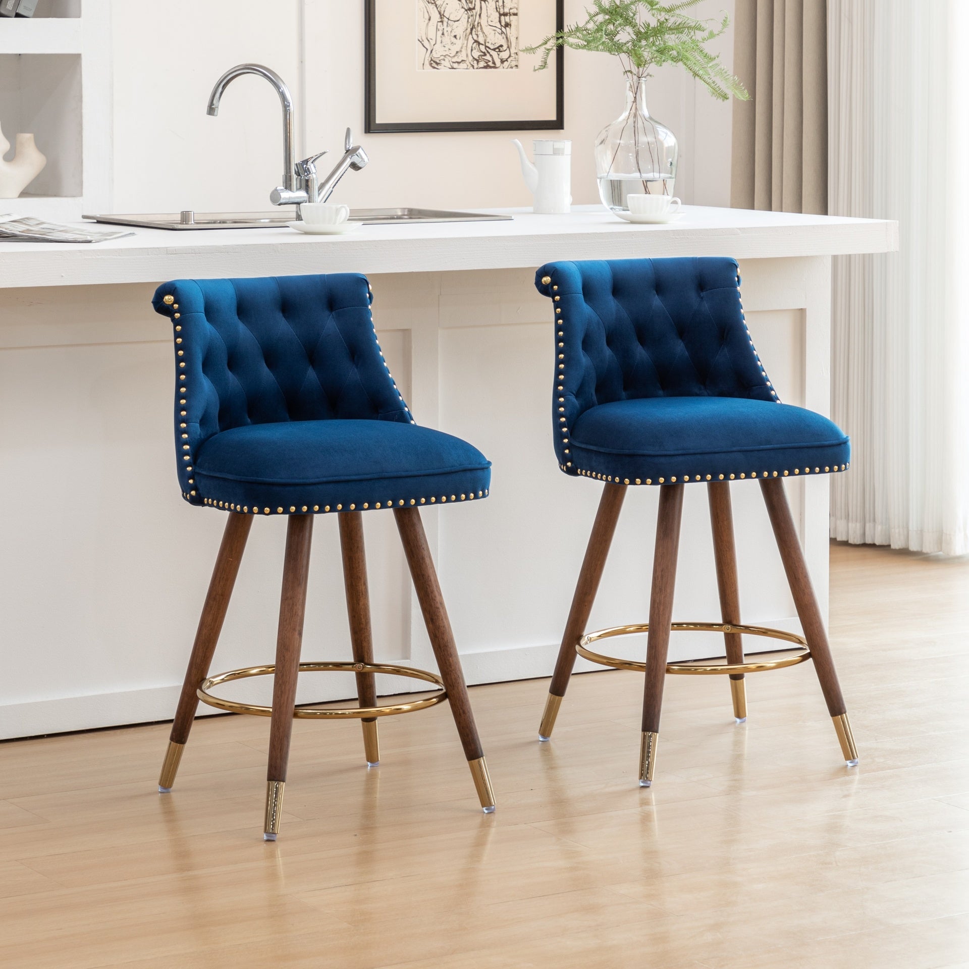 Roundhill Furniture Elvara Set of 2 Button-Tufted Counter Stools with Nailhead Trim - Blue