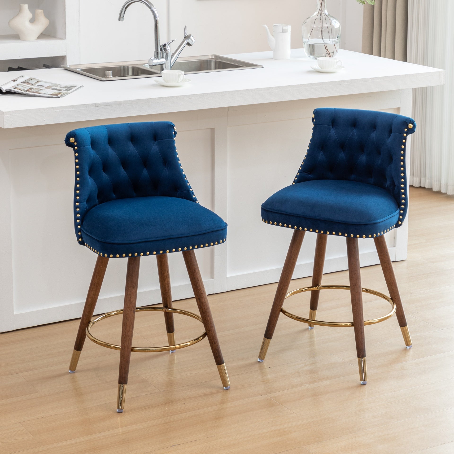 Roundhill Furniture Elvara Set of 2 Button-Tufted Counter Stools with Nailhead Trim - Blue