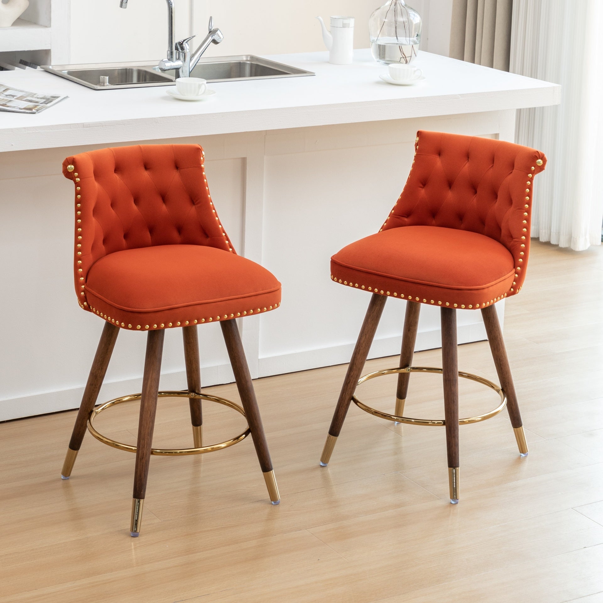 Roundhill Furniture Elvara Set of 2 Button-Tufted Counter Stools with Nailhead Trim - Orange