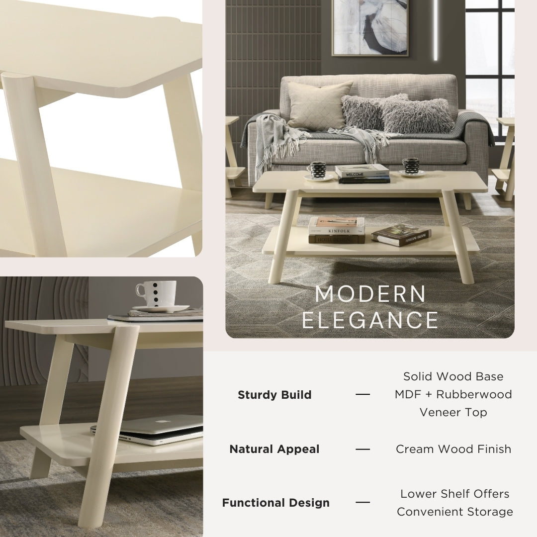 Metz Mid-Century Modern Wood Shelf Coffee Table, Off-White Finish