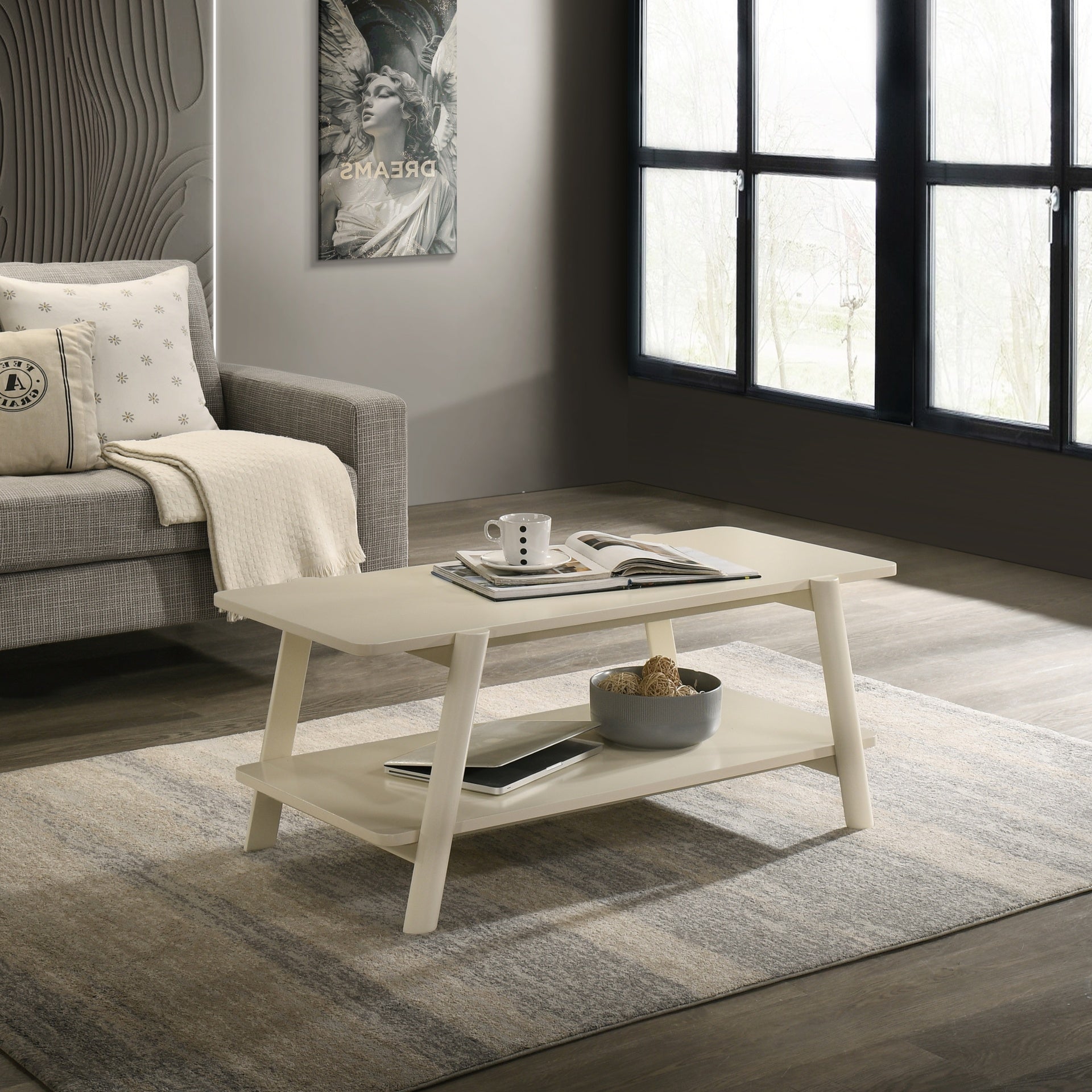 Metz Mid-Century Modern Wood Shelf Coffee Table, Off-White Finish