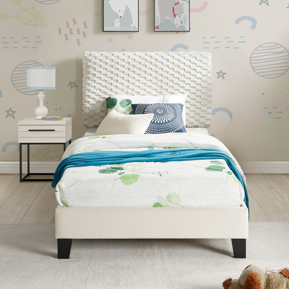 Findlay 2-Piece Bedroom Set, Plush 3D Upholstered Bed with Nightstand, Twin