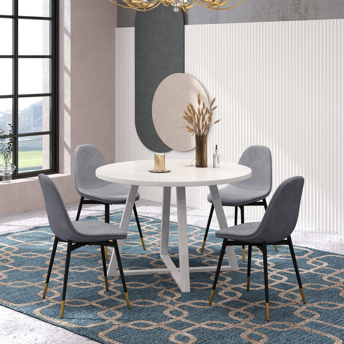 Evatt 5-Piece Round Dining Set, Trestle Round Table with 4 Stylish Chairs, Gray