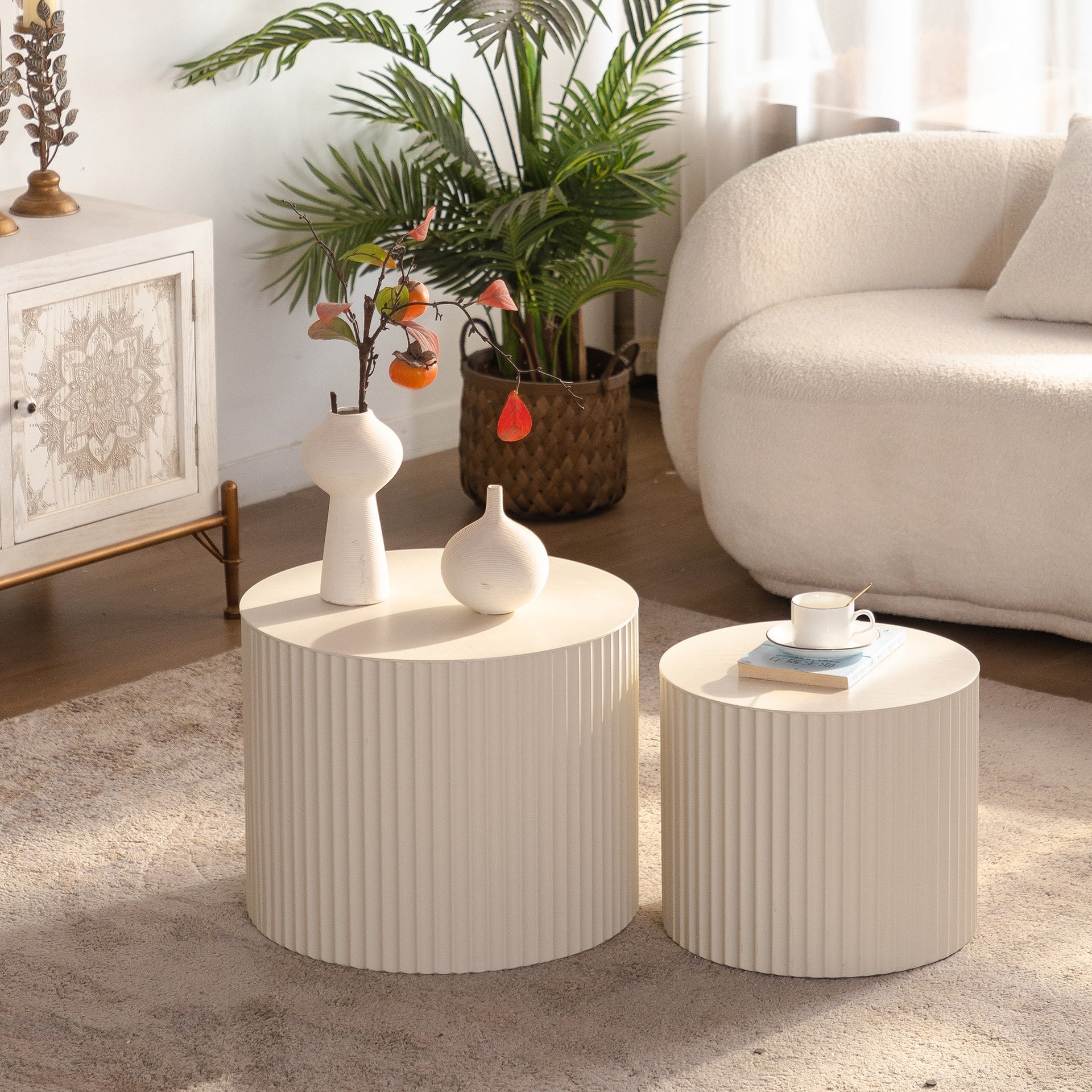 Round Wood Coffee Table for Living Room for Small Space Apartment and No Need Assembly