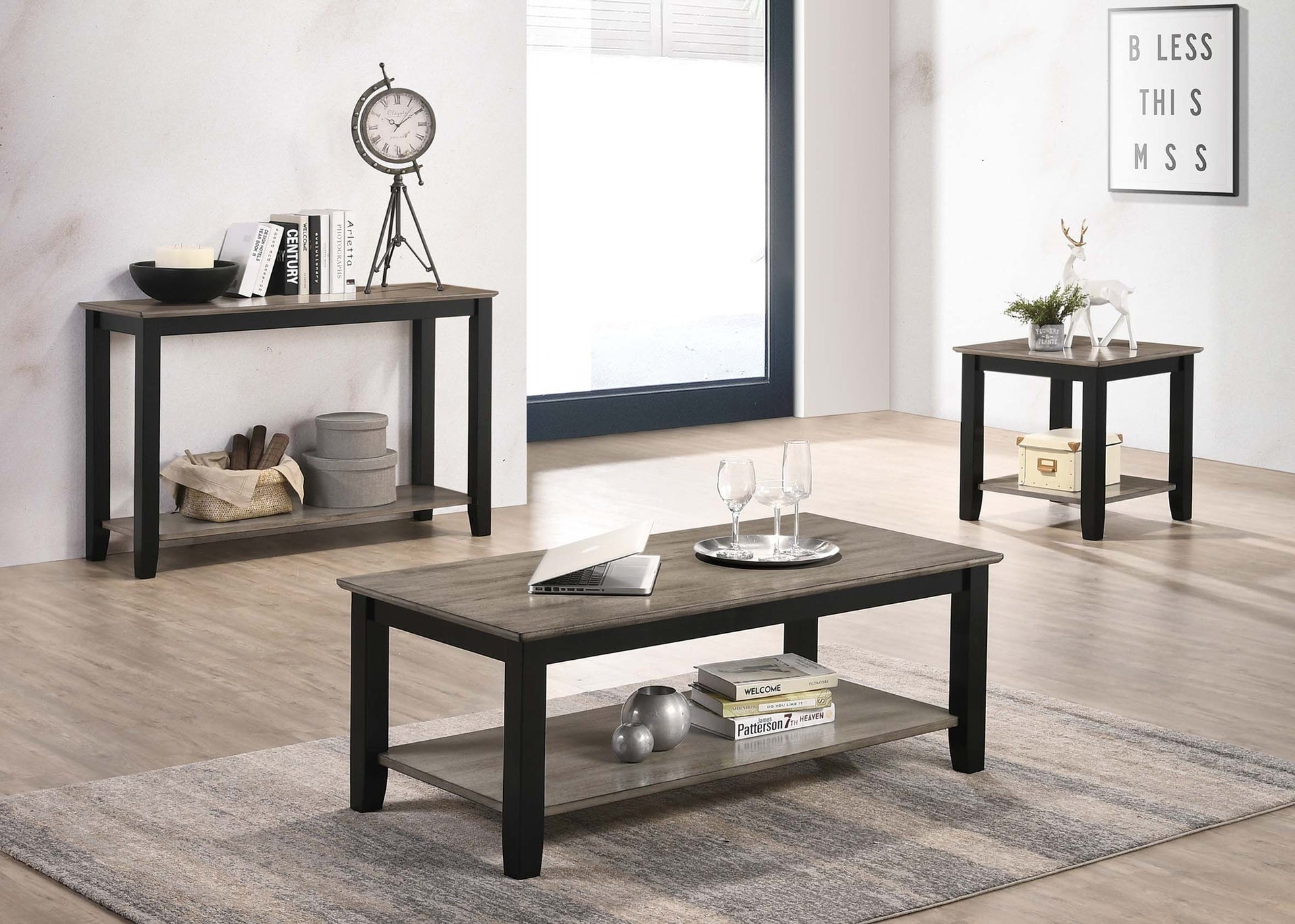Gray / Black 3pc Table Set Under-Table Shelf Storage Living Room Furniture 1x Coffee 1x End 1x Console Table Walnut Veneer Top