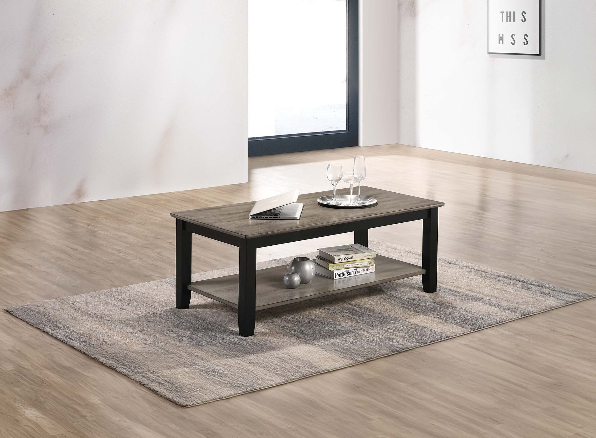 Gray / Black 3pc Table Set Under-Table Shelf Storage Living Room Furniture 1x Coffee 1x End 1x Console Table Walnut Veneer Top