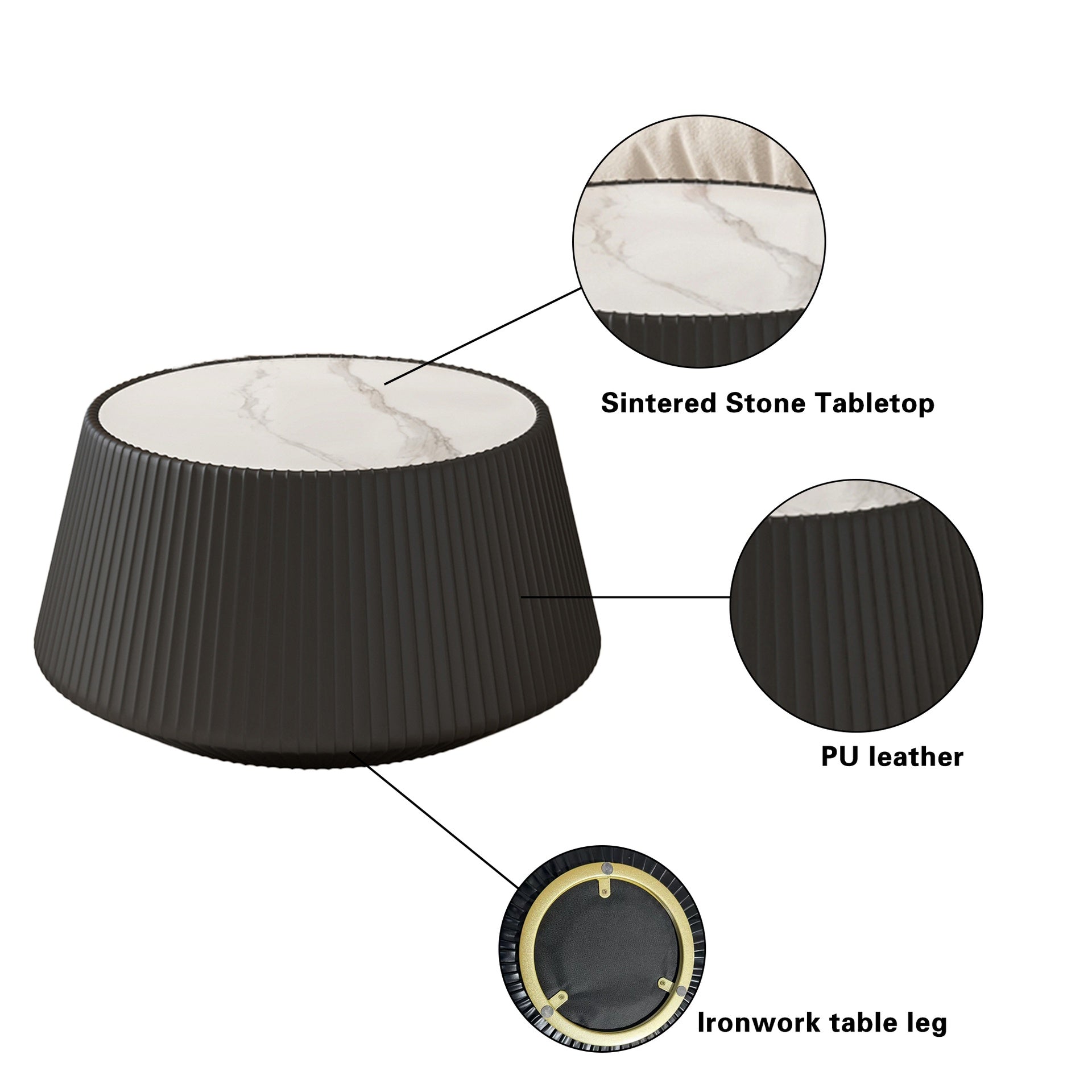 Light Sintered stone Top Cup Shape Leather Coffee modern Sofa Table for Living Room furniture ( Each tabletop has a unique grey pattren)