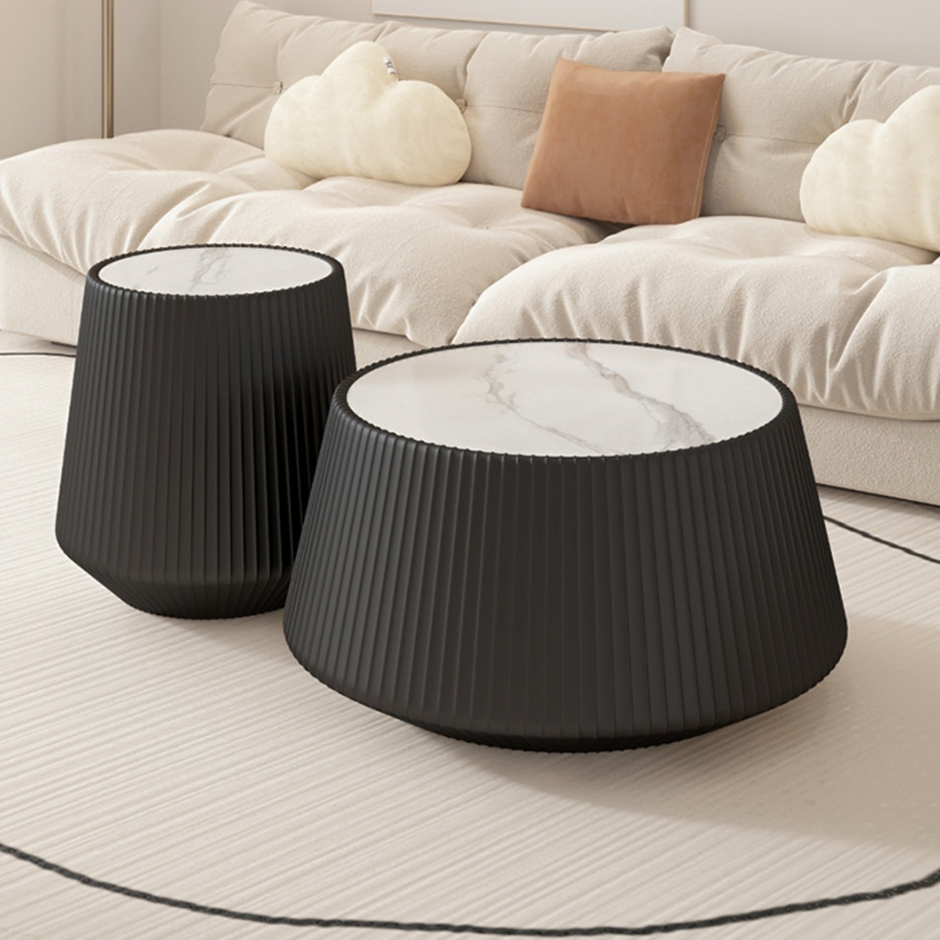 Light Sintered stone Top Cup Shape Leather Coffee modern Sofa Table for Living Room furniture ( Each tabletop has a unique grey pattren)
