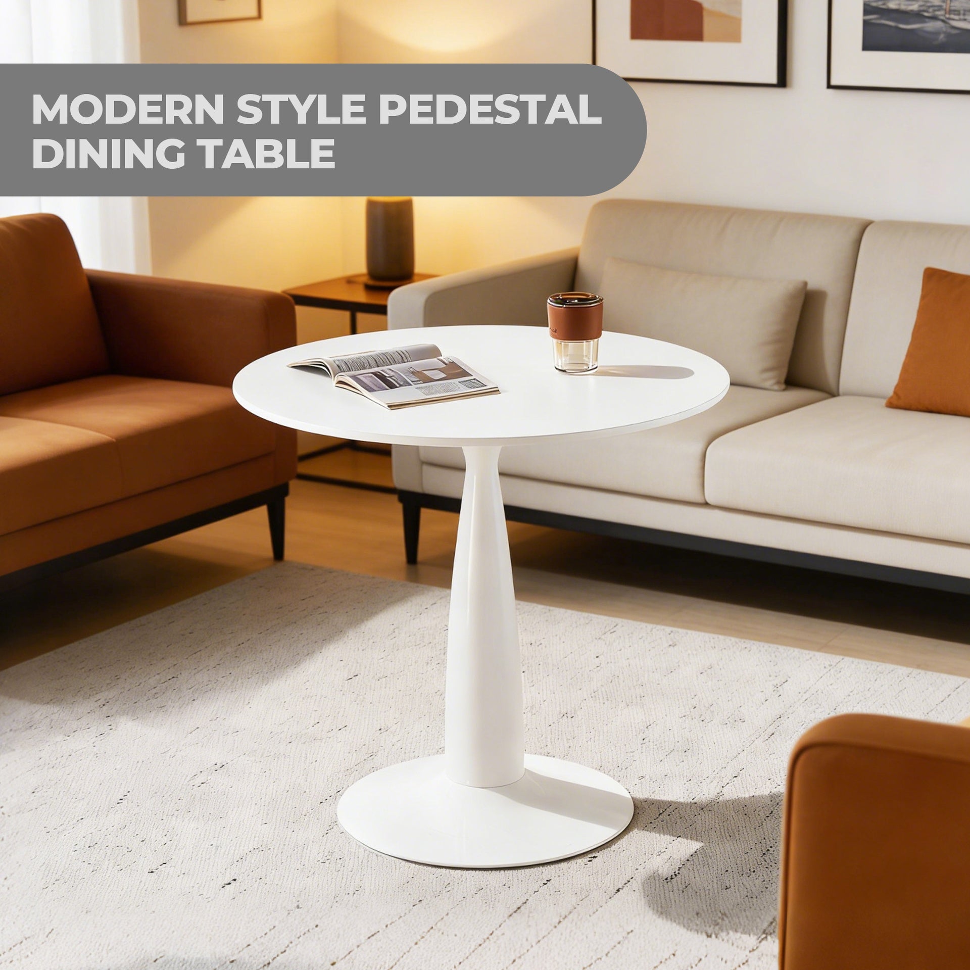 31.5inch Mid-Century Modern Pedestal Table, Multi-Functional Dining Table for 4-6 People & Large Coffee Table, White MDF Top for Living Room, Kitchen, Office