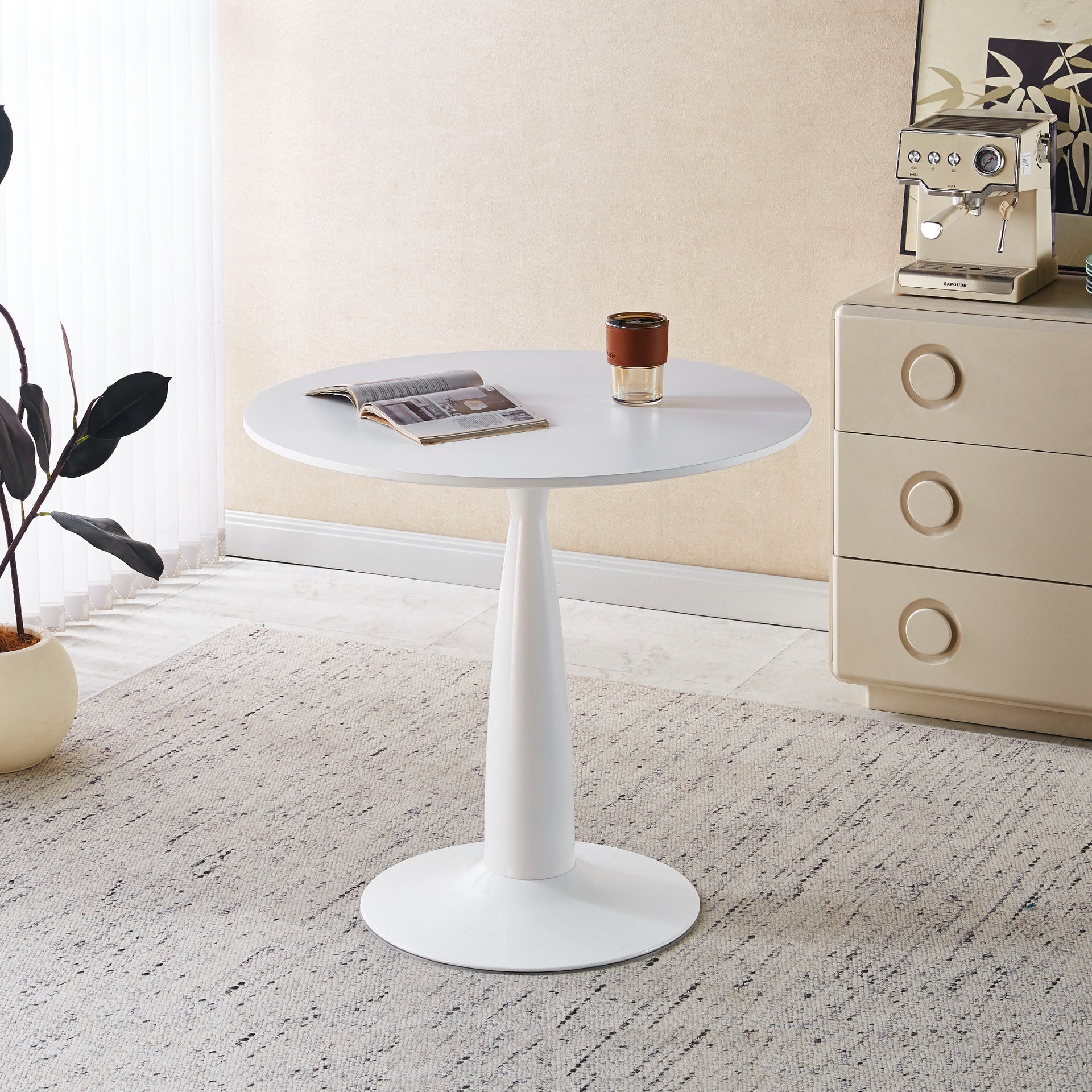 31.5inch Mid-Century Modern Pedestal Table, Multi-Functional Dining Table for 4-6 People & Large Coffee Table, White MDF Top for Living Room, Kitchen, Office