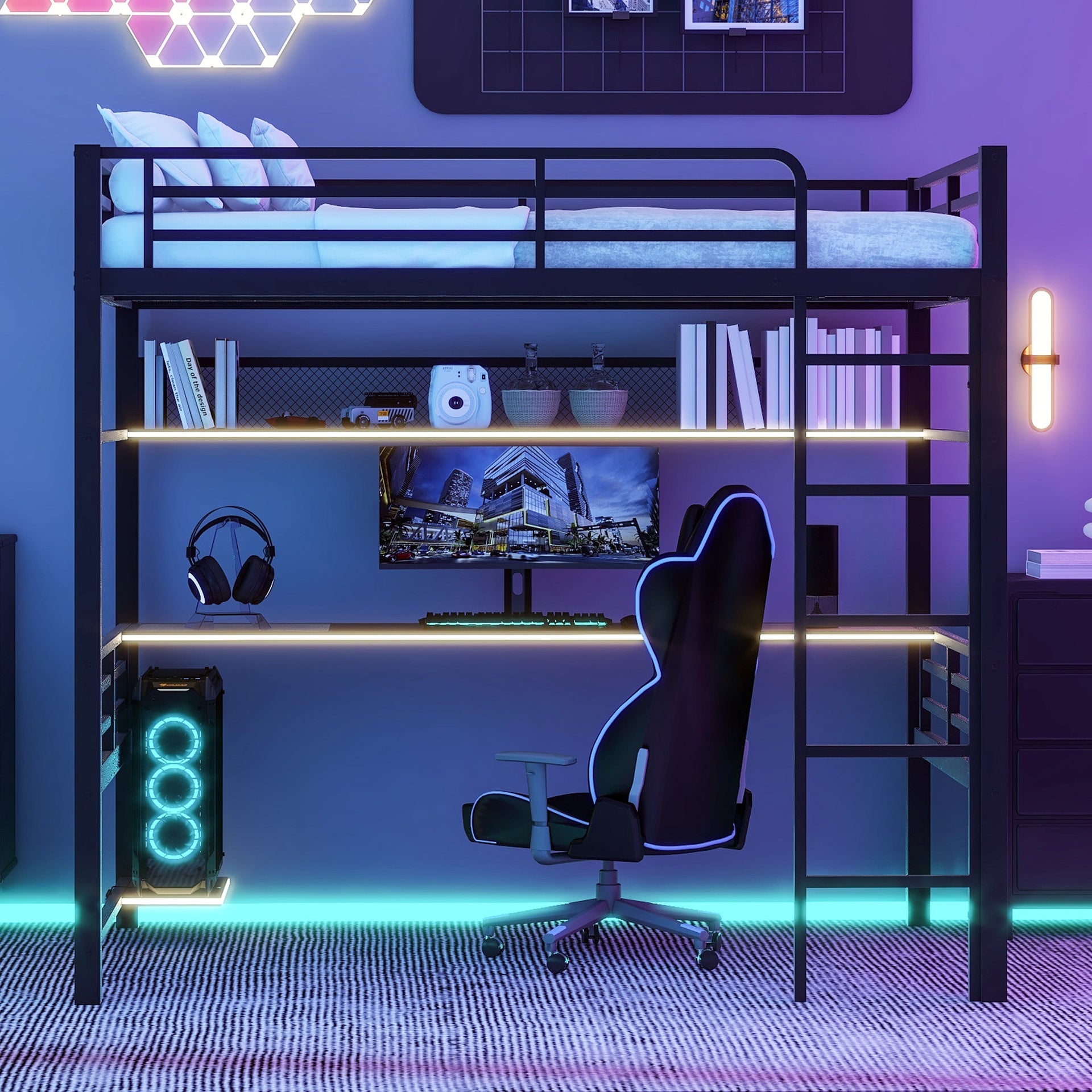 Full Size Metal Loft Bed Frame with Storage Shelf and LED Light,Iron mesh,Black