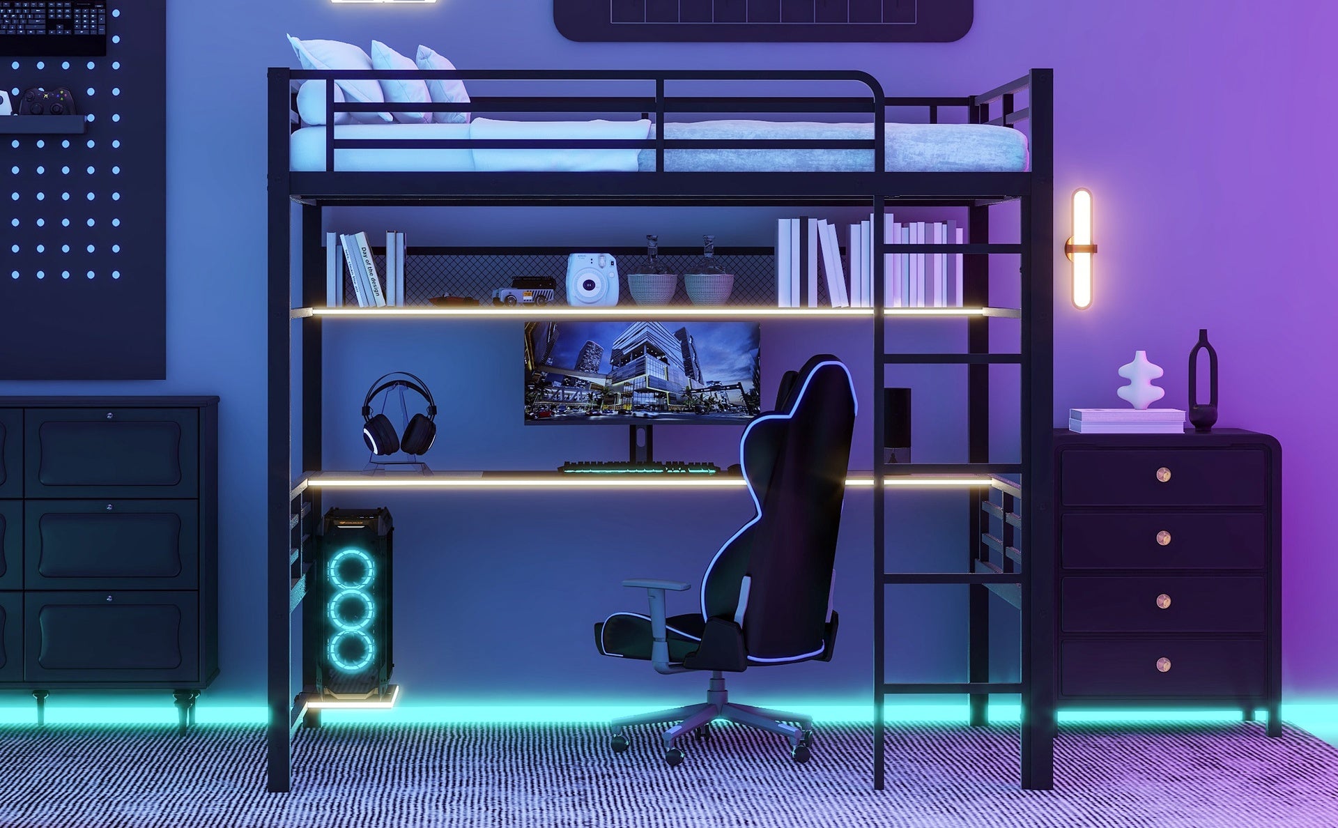 Full Size Metal Loft Bed Frame with Storage Shelf and LED Light,Iron mesh,Black