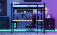 Full Size Metal Loft Bed Frame with Storage Shelf and LED Light,Iron mesh,Black