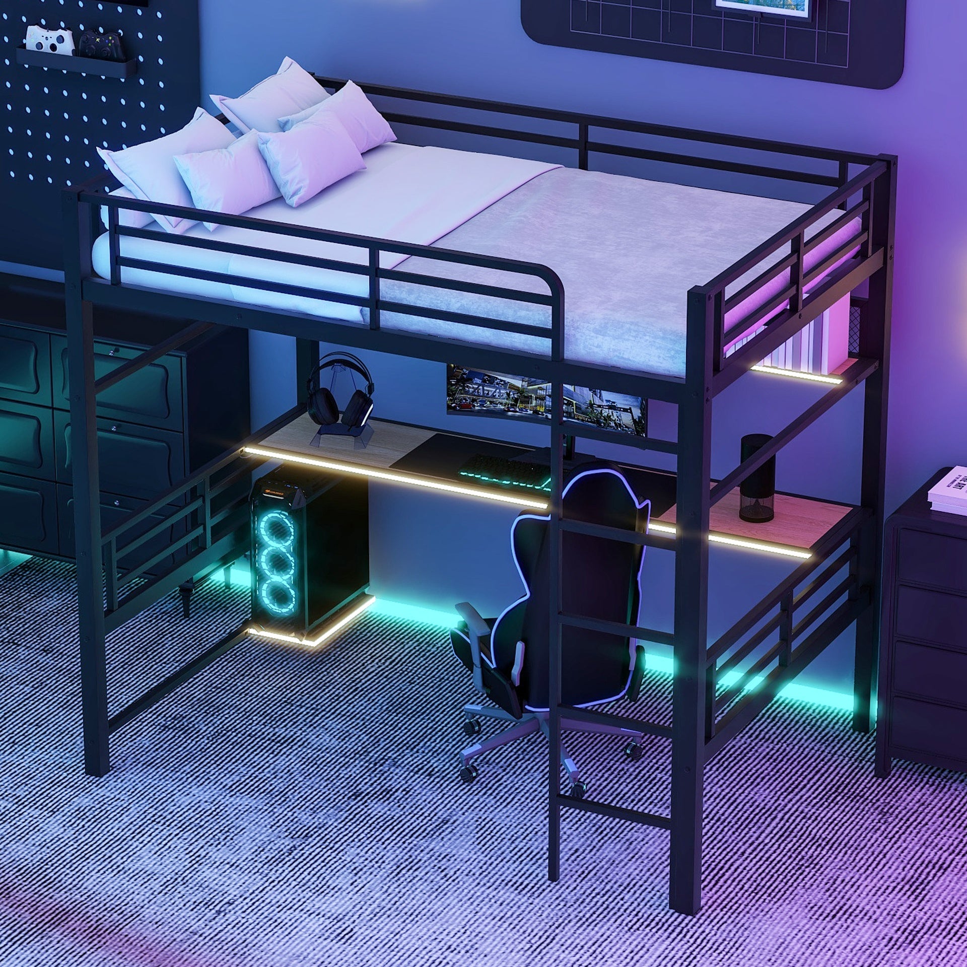 Full Size Metal Loft Bed Frame with Storage Shelf and LED Light,Iron mesh,Black