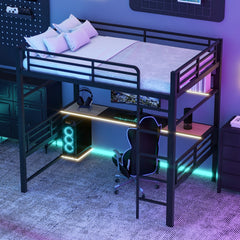 Full Size Metal Loft Bed Frame with Storage Shelf and LED Light,Iron mesh,Black