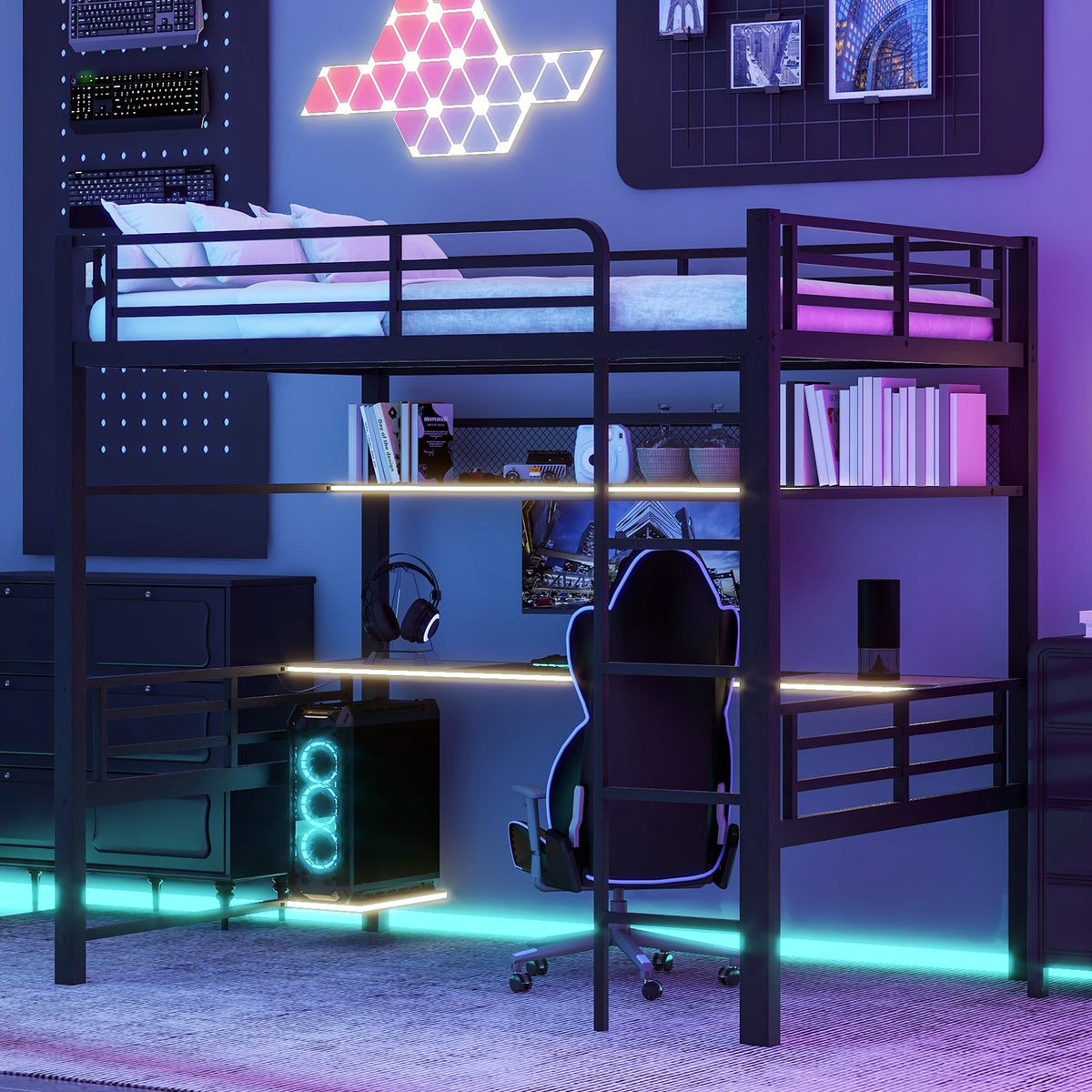 Full Size Metal Loft Bed Frame with Storage Shelf and LED Light,Iron mesh,Black