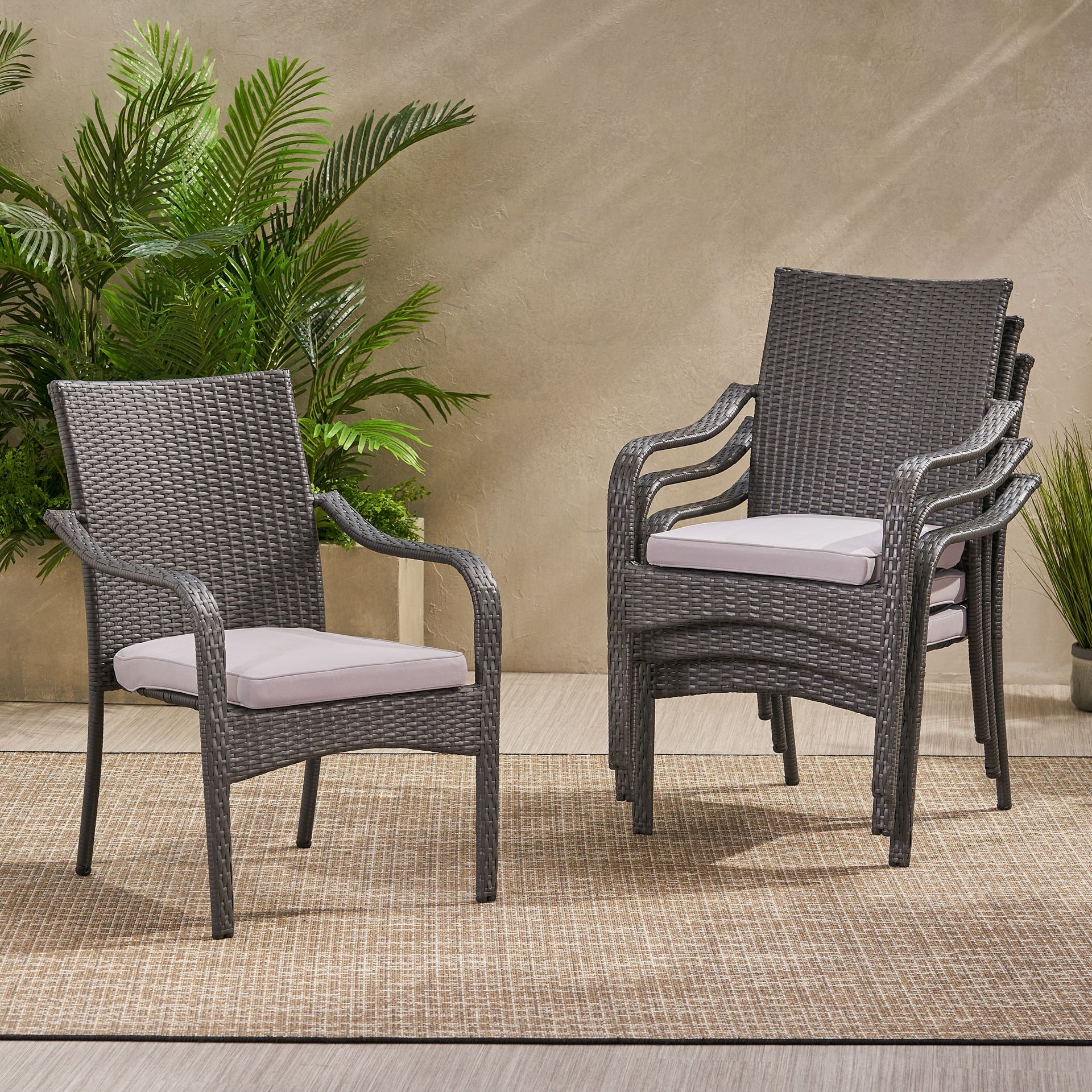 Outdoor PE Rattan Stacking Chair with Iron Frame and Cushions(Set of 4), Grey Wicker