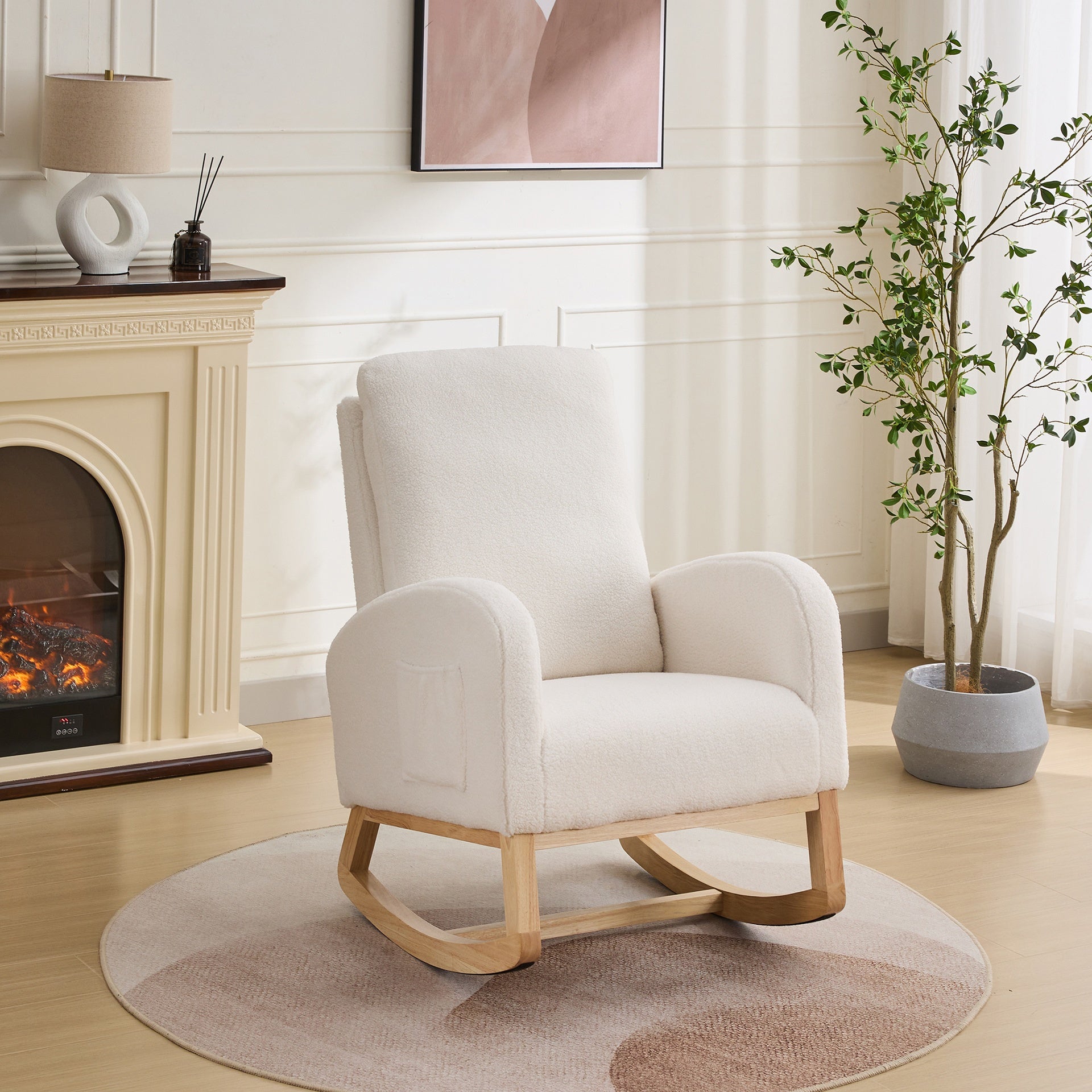 27.2"W Rocking Chair for Nursery, Sherpa Glider Chair with High Back and Side Pocket, Rocking Accent Armchair with Rubber Wood Legs for Living Room/Bedroom.Ivory