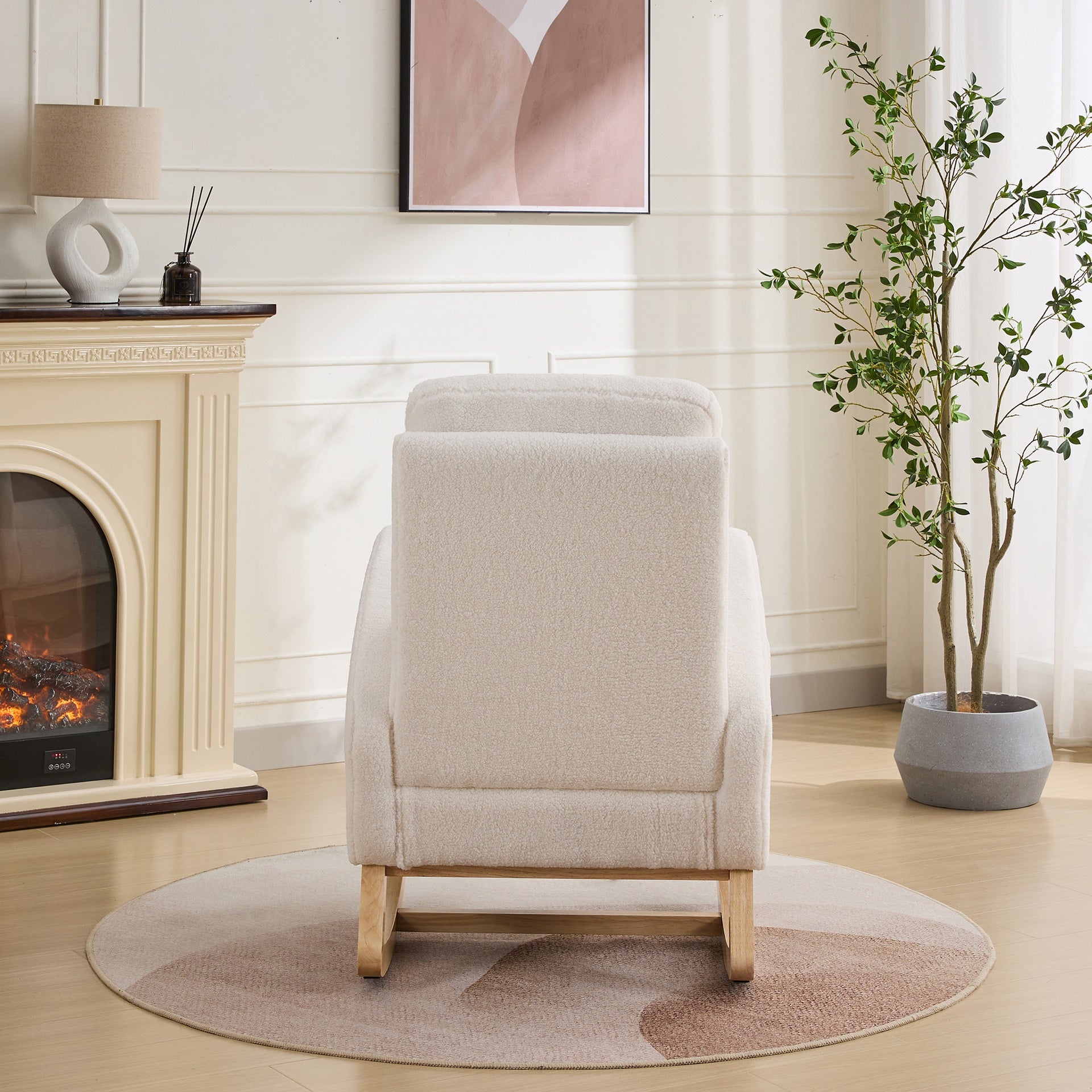 27.2"W Rocking Chair for Nursery, Sherpa Glider Chair with High Back and Side Pocket, Rocking Accent Armchair with Rubber Wood Legs for Living Room/Bedroom.Ivory