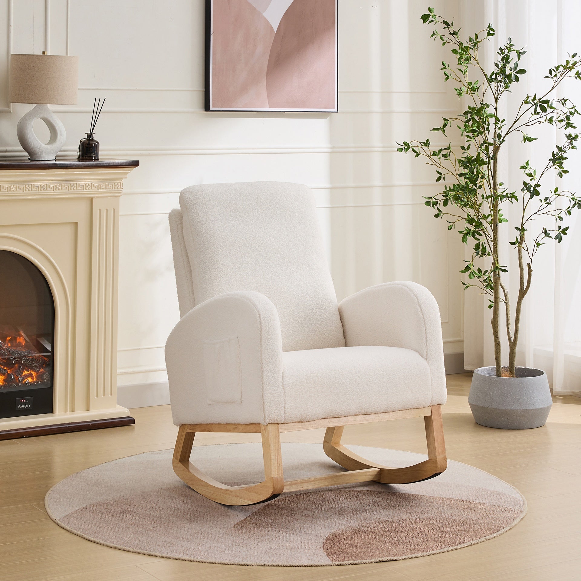 27.2"W Rocking Chair for Nursery, Sherpa Glider Chair with High Back and Side Pocket, Rocking Accent Armchair with Rubber Wood Legs for Living Room/Bedroom.Ivory