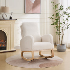 27.2"W Rocking Chair for Nursery, Sherpa Glider Chair with High Back and Side Pocket, Rocking Accent Armchair with Rubber Wood Legs for Living Room/Bedroom.Ivory