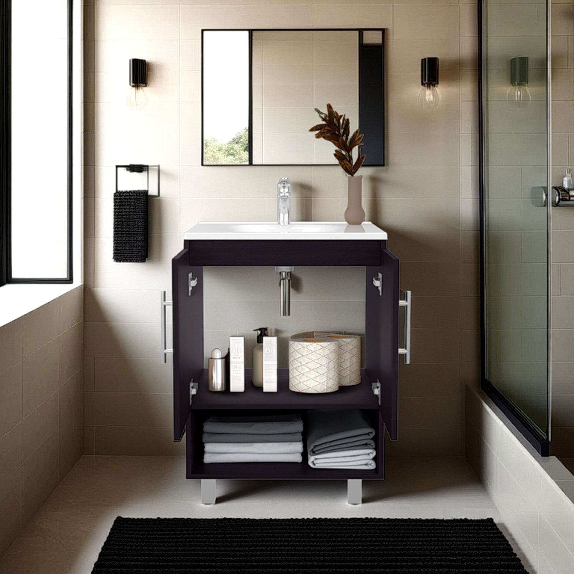 Wenge 1-Shelf Freestanding Bathroom Vanity Cabinet with Double Doors