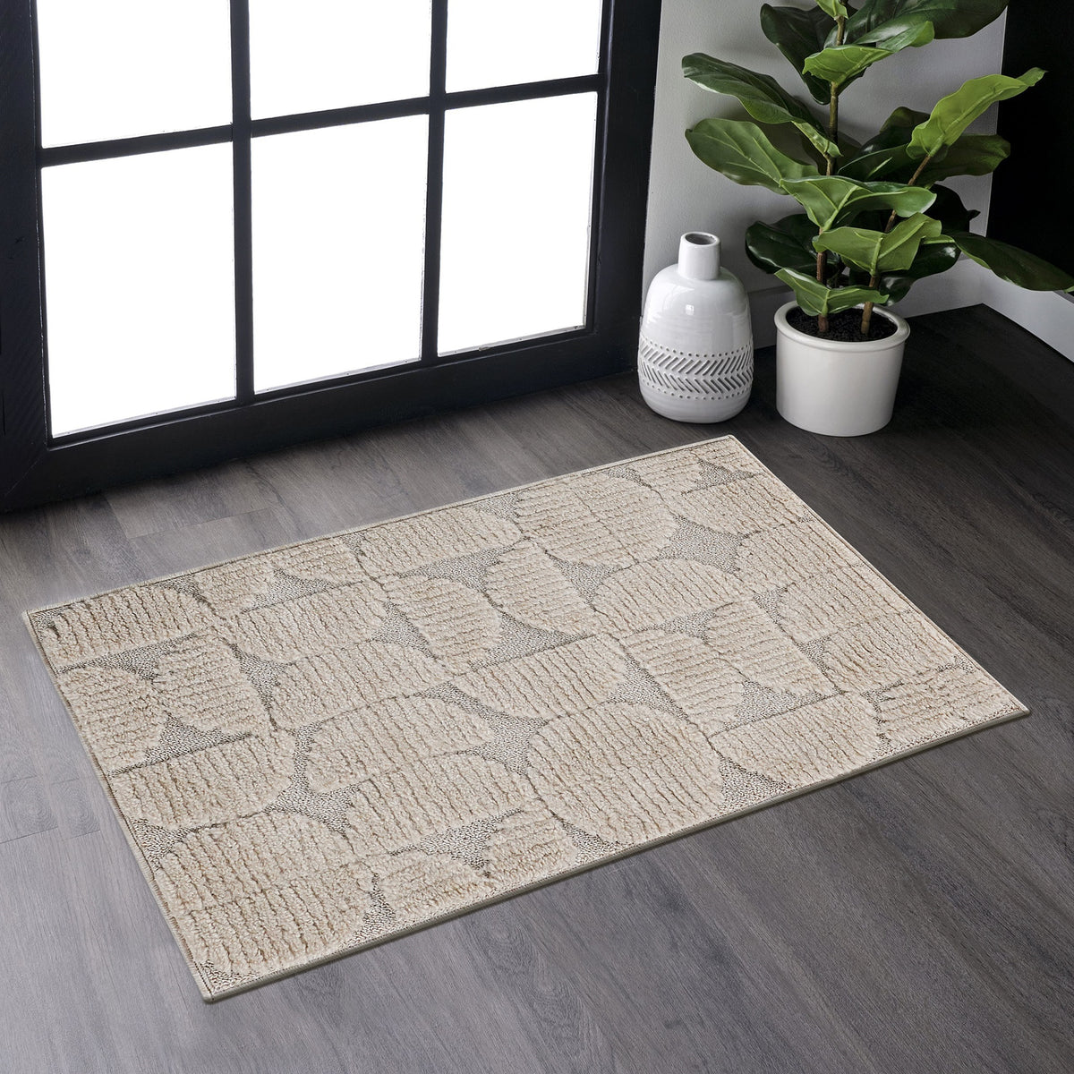 Step Collection High-Low Beige Indoor Area Rug, 2'x3', Modern, Contemporary, Geometric, Bohemian, Bedroom, Kitchen, Living Room, Doormat, Non Shedding Carpet