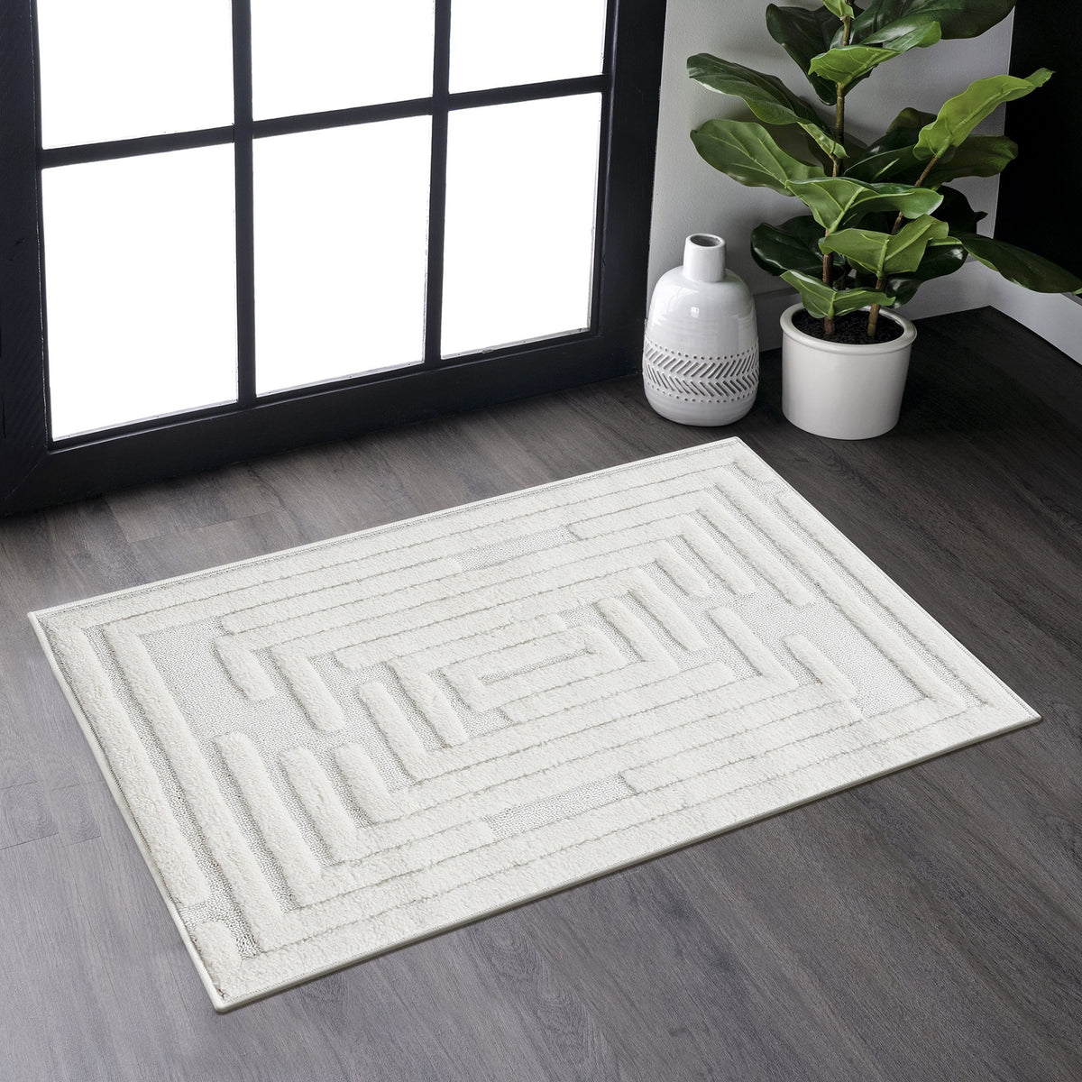 Step Collection High-Low Striped Cream Indoor Area Rug, 2'x3', Modern, Contemporary, Geometric, Bohemian, Bedroom, Kitchen, Living Room, Doormat, Non Shedding Carpet