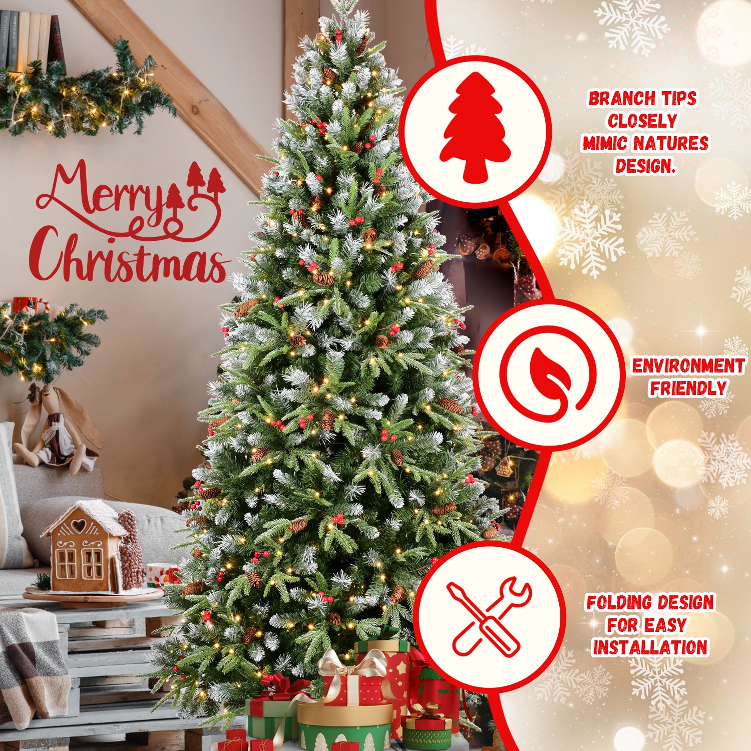 9FT Christmas Tree with 750 Warm White LED Lights – 3750 Snow-Tipped PE+PVC Branches, Red Berries & Pine Cones, Hinged Design, Stable Metal Stand – Realistic Holiday Decoration