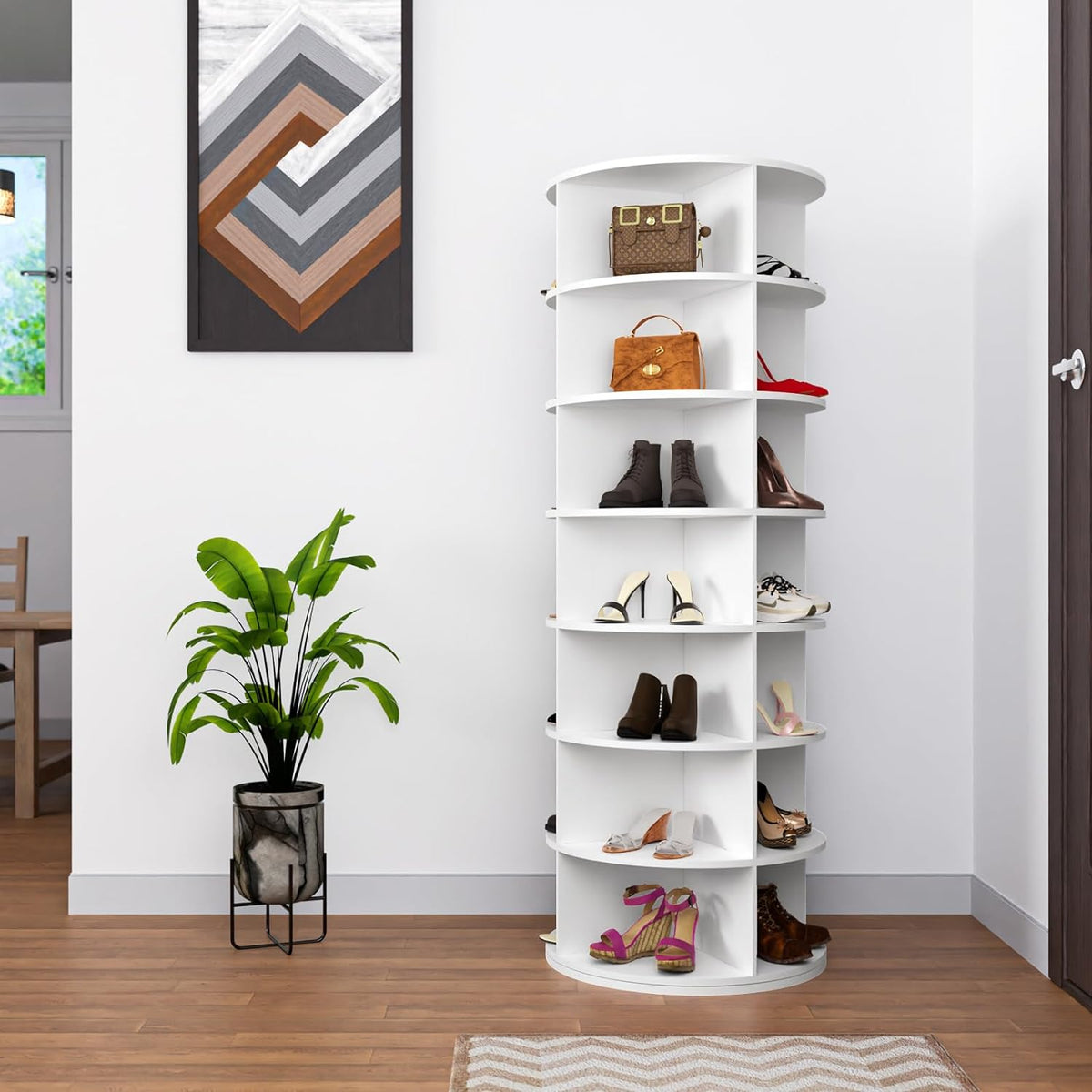 7 Tier Rotating Shoe Rack Tower, Spinning Shoe Display, 360 Shoe Rack Storage Round Carousel, Vertical Handbag Rotate Shoes Closet Organization (WHITE)