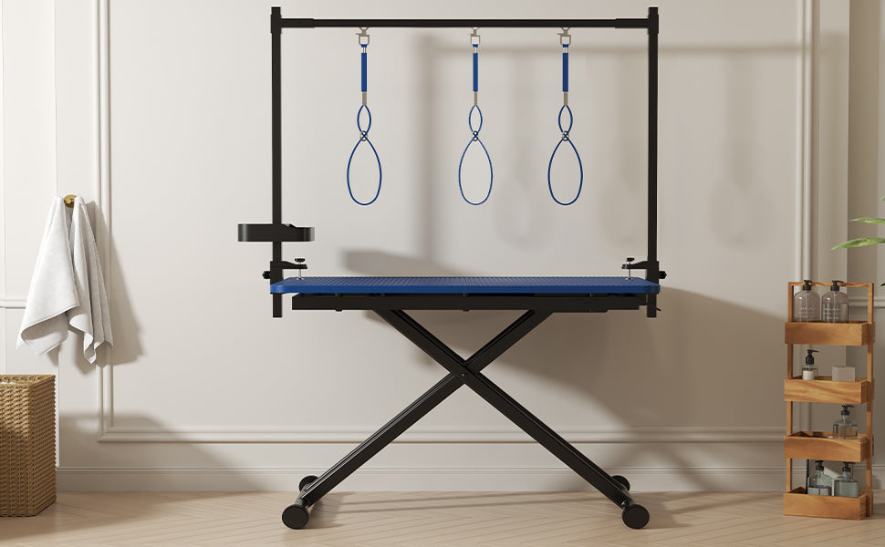 47'' Blue Large Dog Grooming Table X-Lift Foldable Grooming Table for Dogs at Home Adjustable Height Arms Pet Station with Nooses, Tool Organizer