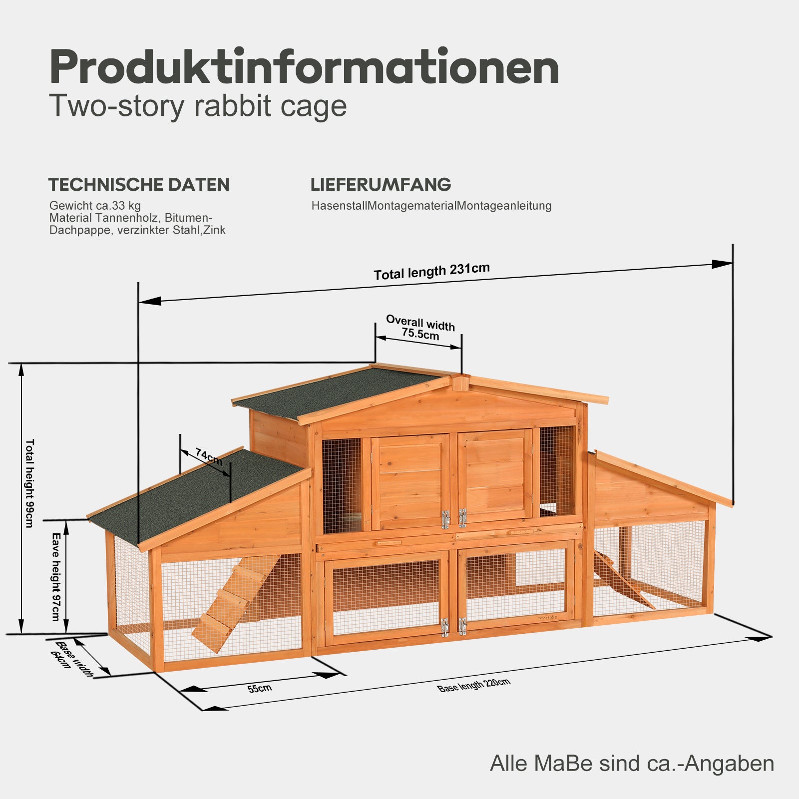 Extra-large wooden rabbit house, chicken coop, outdoor unit that can be easily assembled and stable, indoor with cleaning tray and waterproof roof, suitable for small and medium-sized rabbits and chic