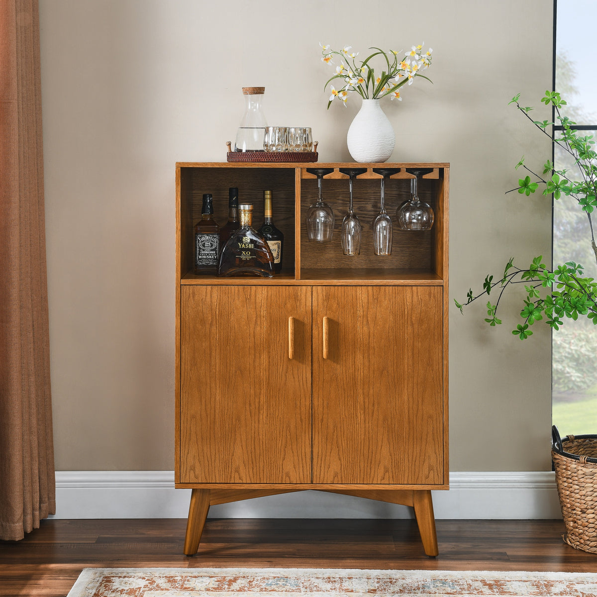 31.5" Liquor Cabinet with Wine Glass Holder & Wine Rack & Adjustable Shelf, Wine Cabinet, Kitchen Coffee Bar Cabinet, Rustic Sideboard Buffet  Cabinet with storage for Home Farmhouse Dining Room