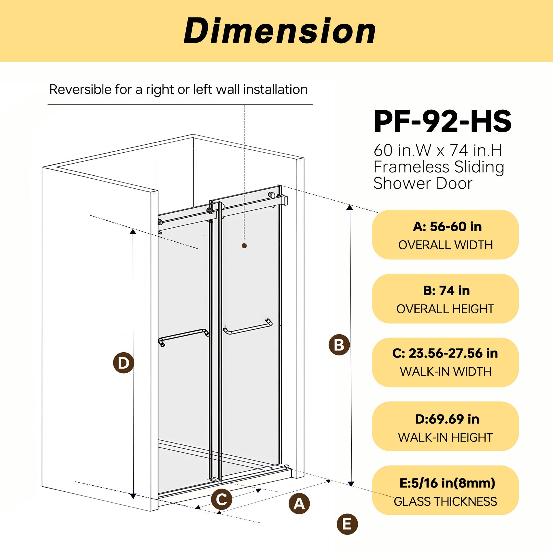 Frameless Double Sliding  Shower Door 56-60 "W x 74" H, 5/16 "(8mm) Tempered Glass, Explosion Proof Film, Stainless Steel Handle, Square Tube Track, Matte Black