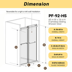 Frameless Double Sliding  Shower Door 56-60 "W x 74" H, 5/16 "(8mm) Tempered Glass, Explosion Proof Film, Stainless Steel Handle, Square Tube Track, Matte Black