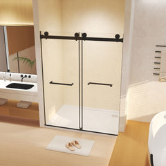 Frameless Double Sliding  Shower Door 56-60 "W x 74" H, 5/16 "(8mm) Tempered Glass, Explosion Proof Film, Stainless Steel Handle, Square Tube Track, Matte Black